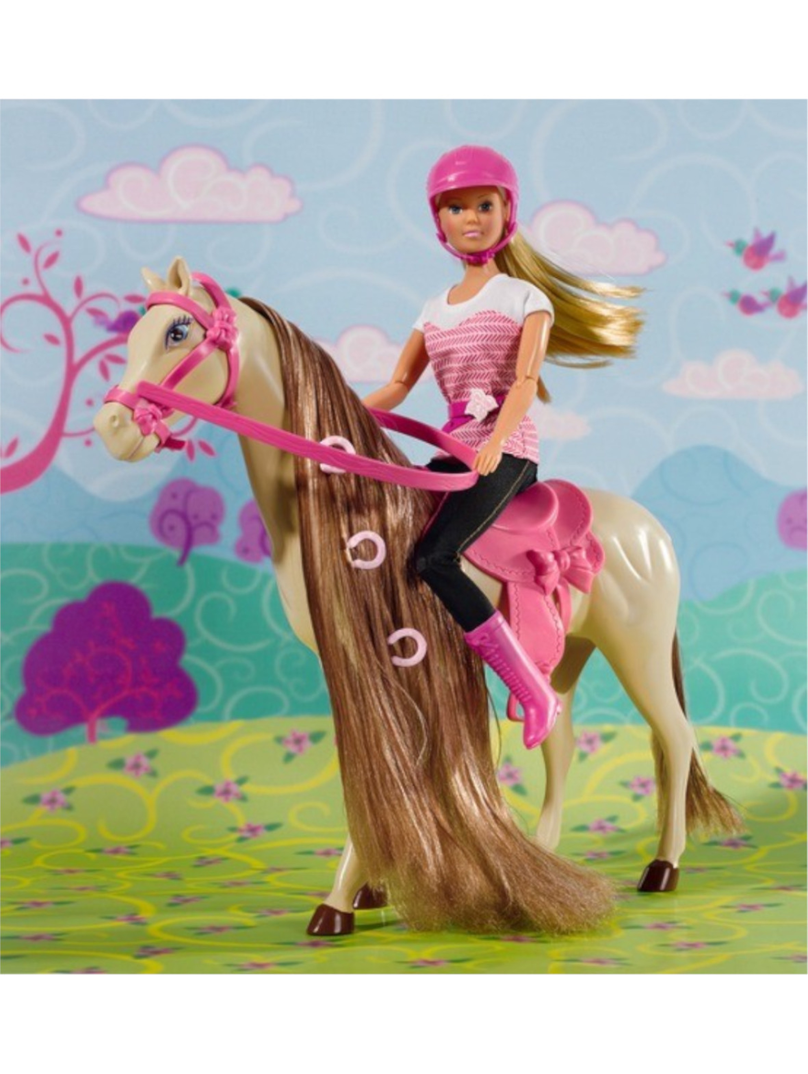 Steffi Lalka w stroju dżokejki na koniu