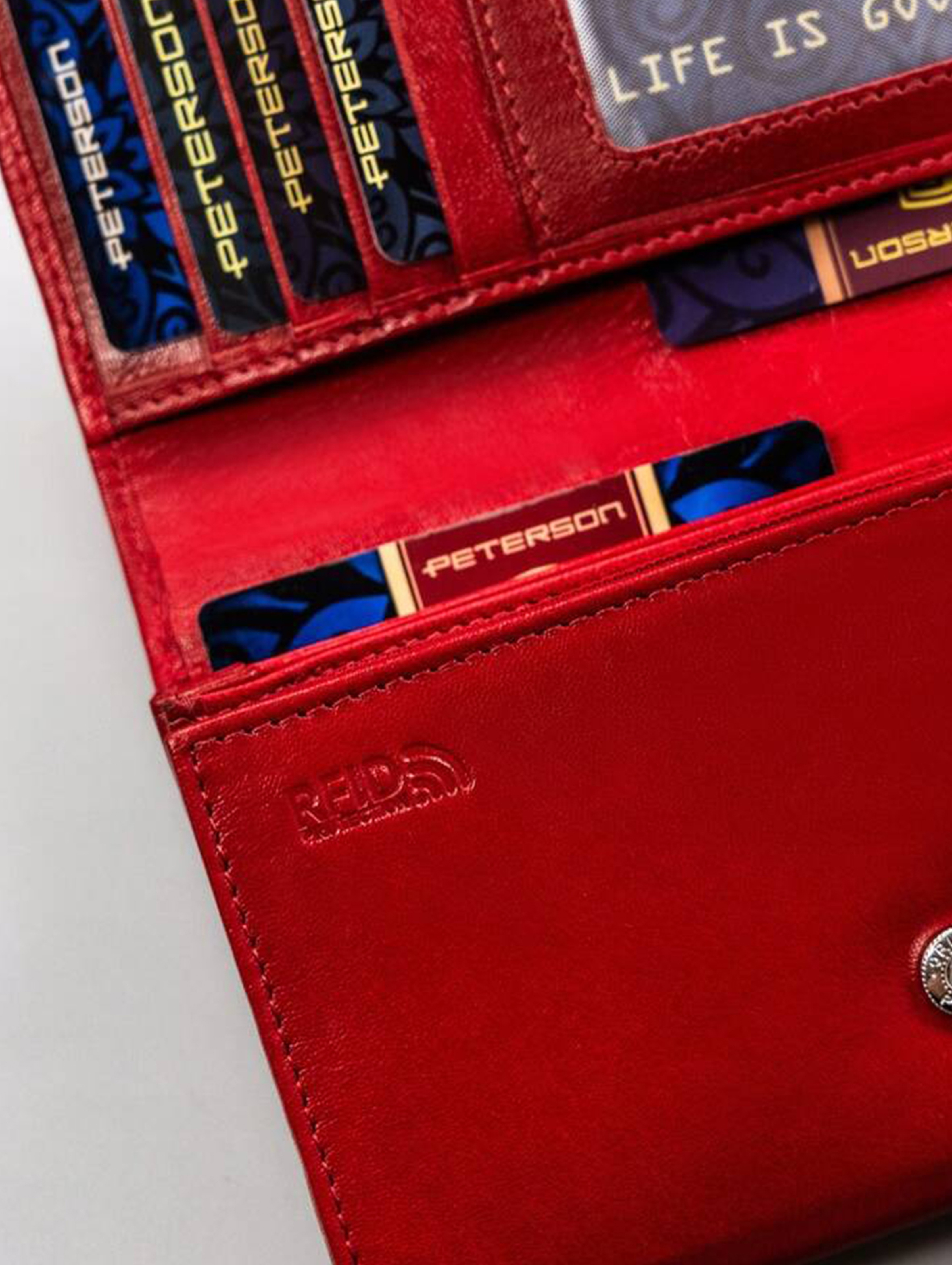 Czerwony duży, skórzany portfel damski na zatrzask — Peterson