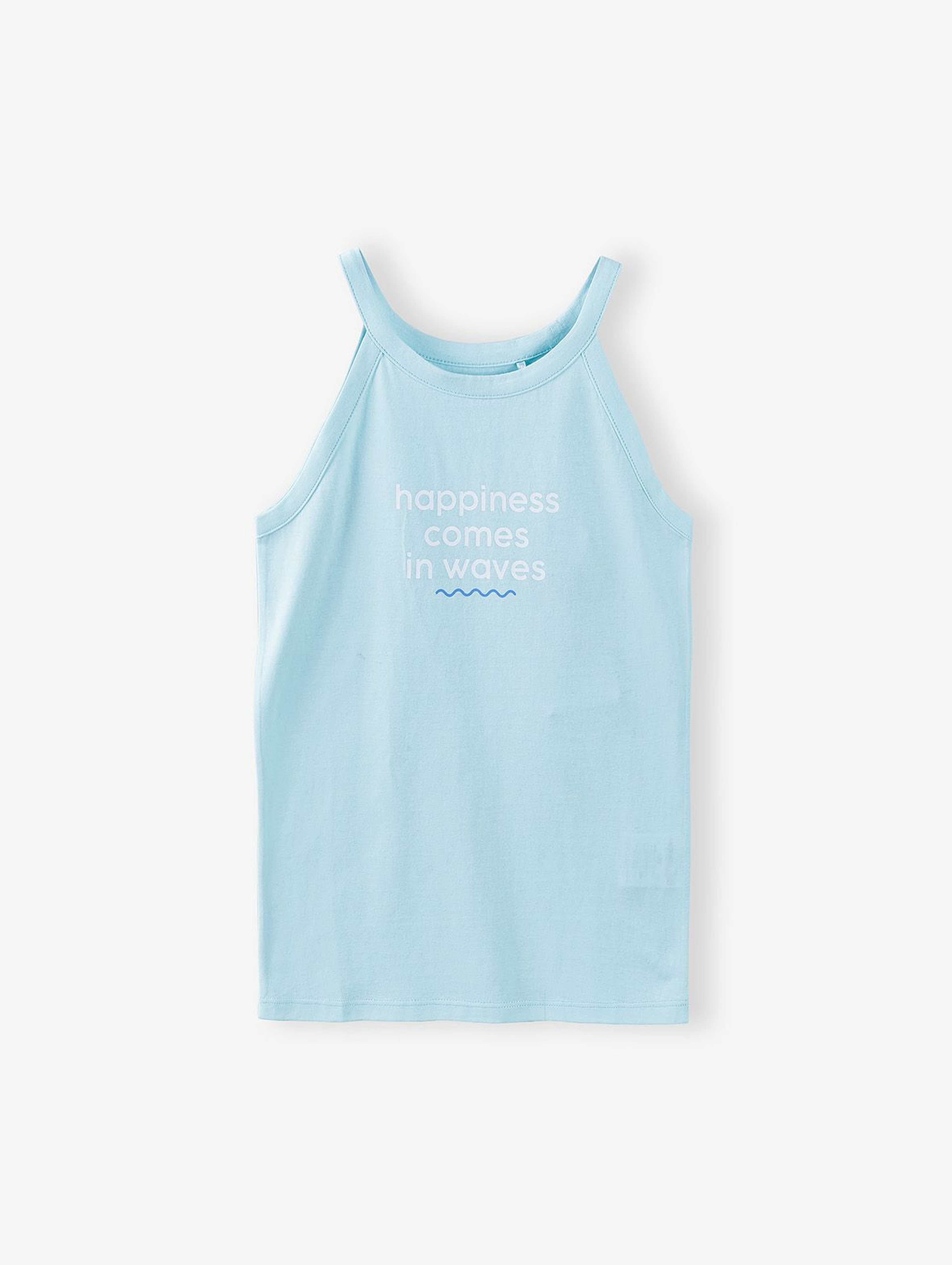 T- shirt dziewczęcy z napisem Happiness Comes In Waves - niebieski