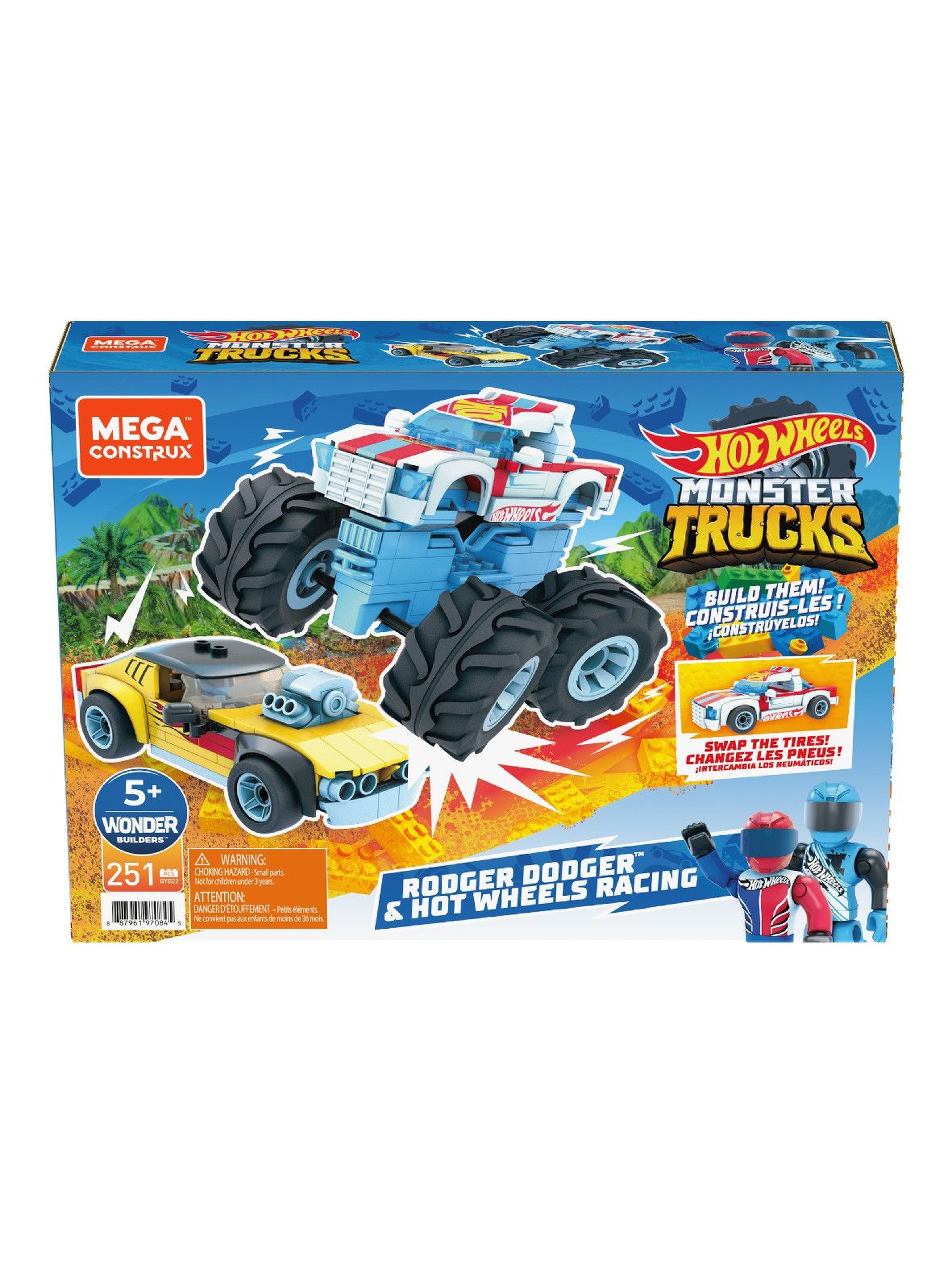 Mega Construx Hot Wheels Rodger Dodger + Pojazd Monster Trucks Zestaw klocków wiek 5+