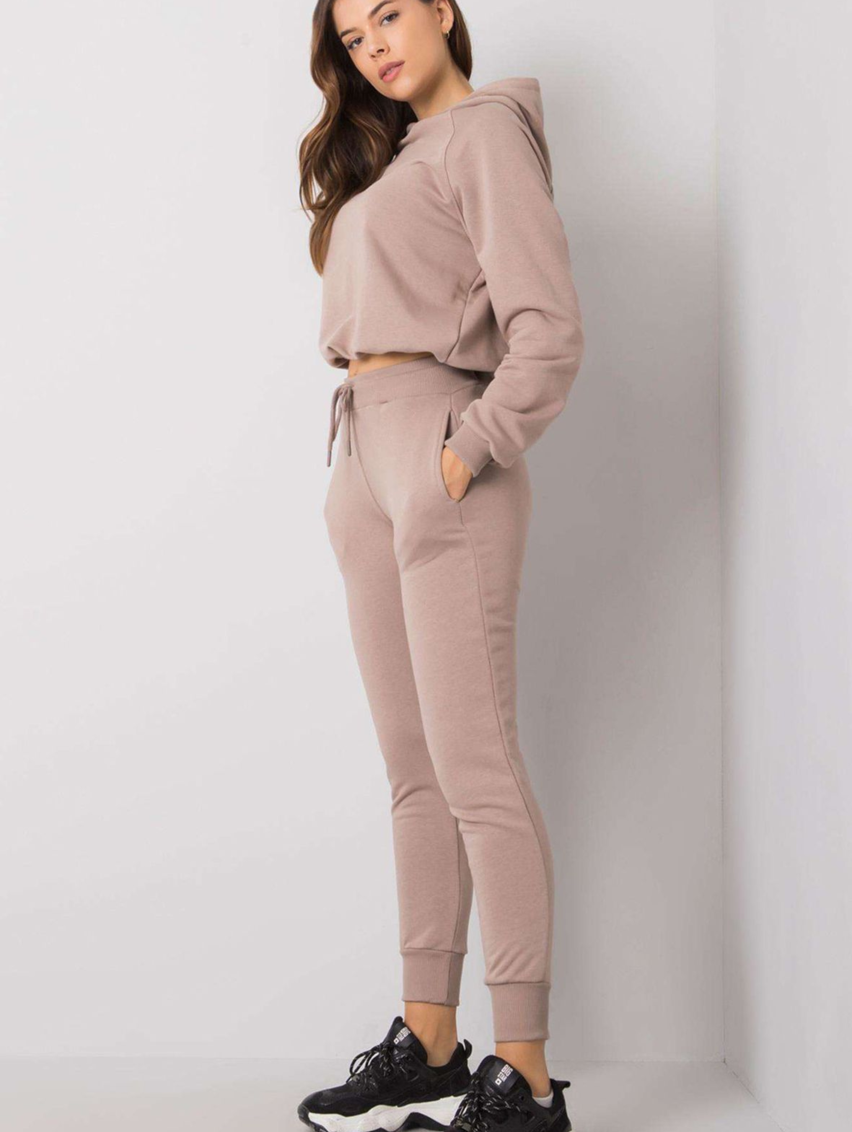 BASIC Komplet dresowy damski - bluza z kapturem i spodnie - beżowe