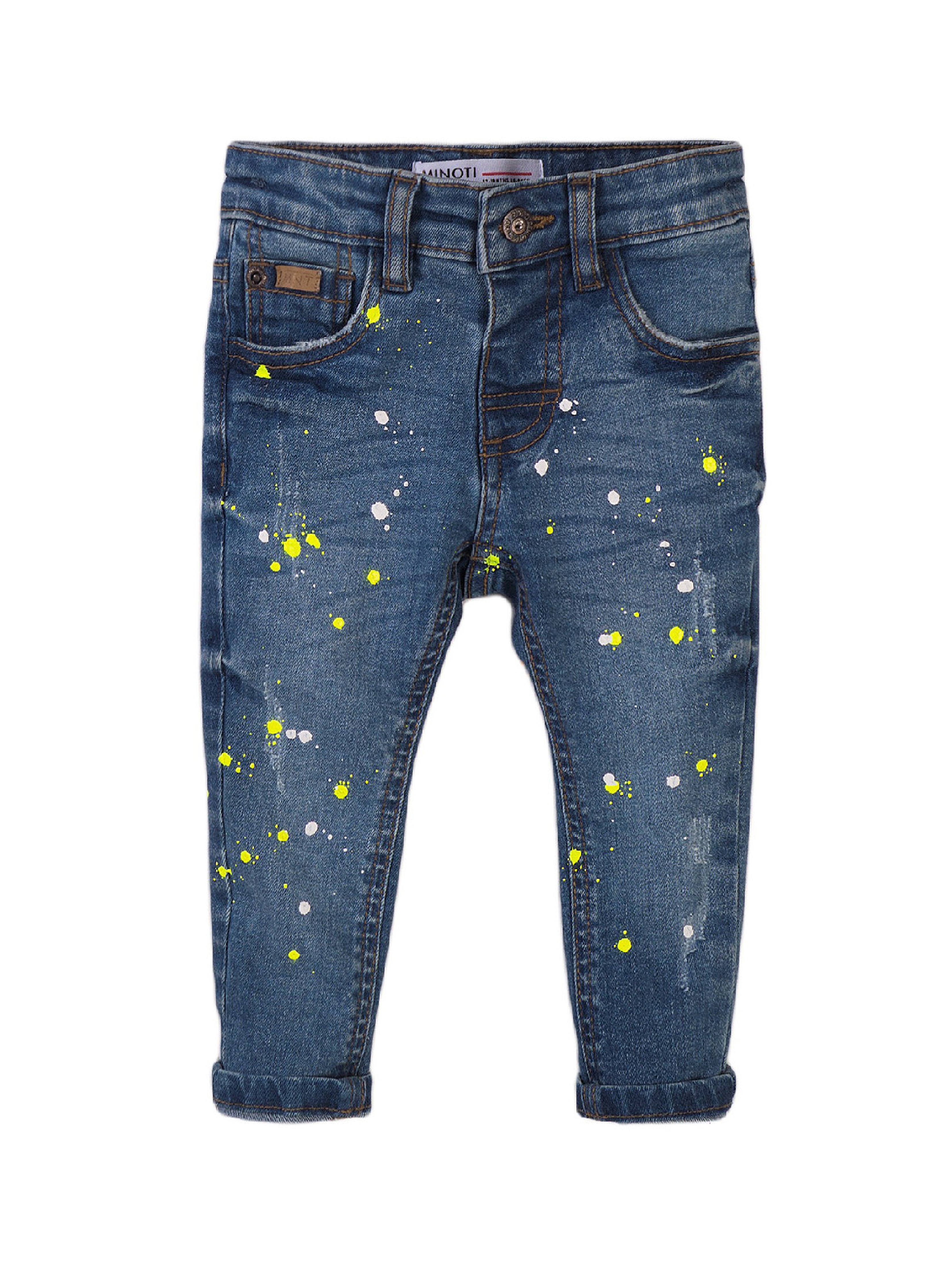 Spodnie jeansy niemowlęce z kolorowym nadrukiem farby