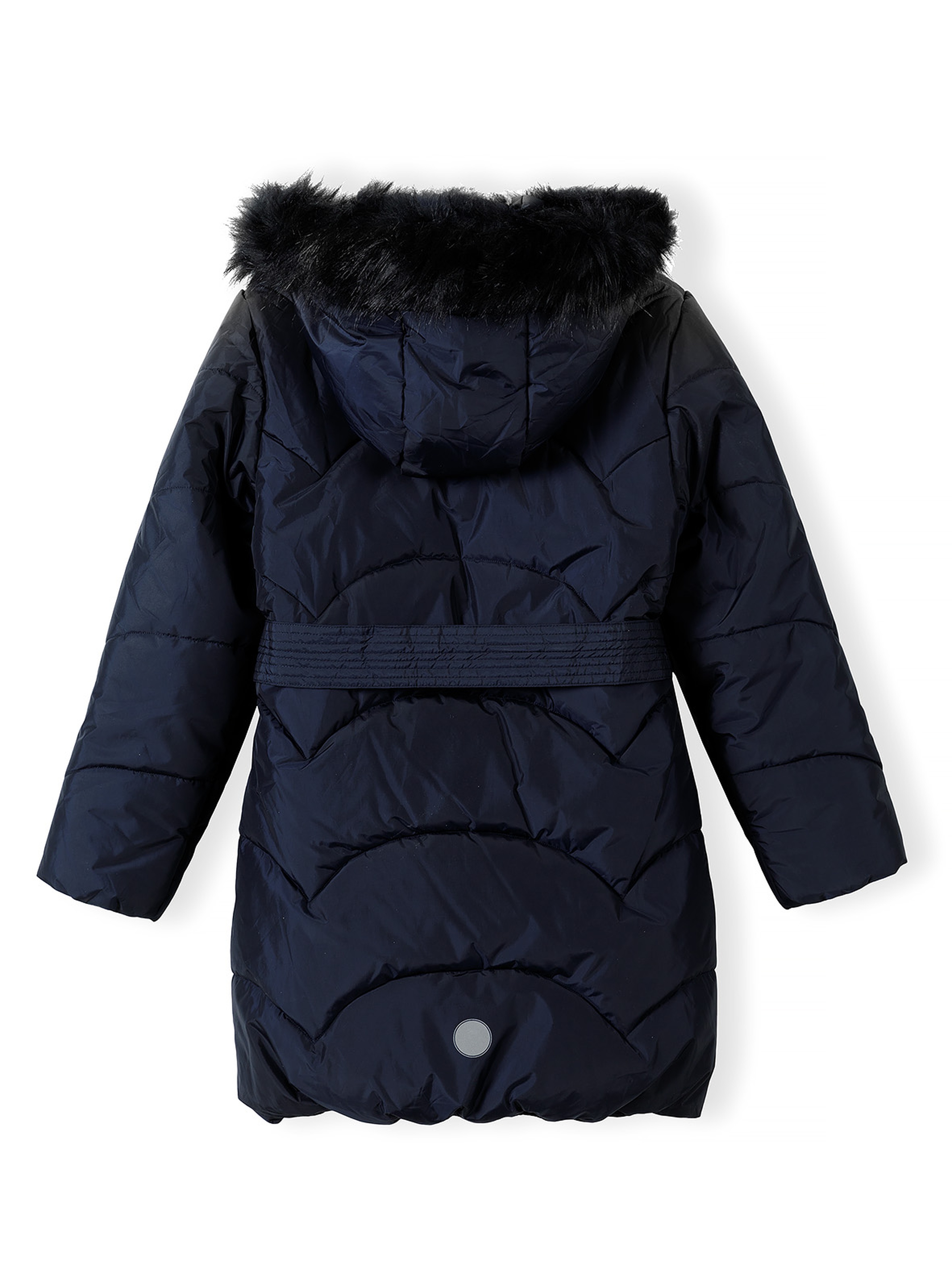 Pikowany granatowy płaszcz zimowy dla dziewczynki z wiązaniem 4A4303