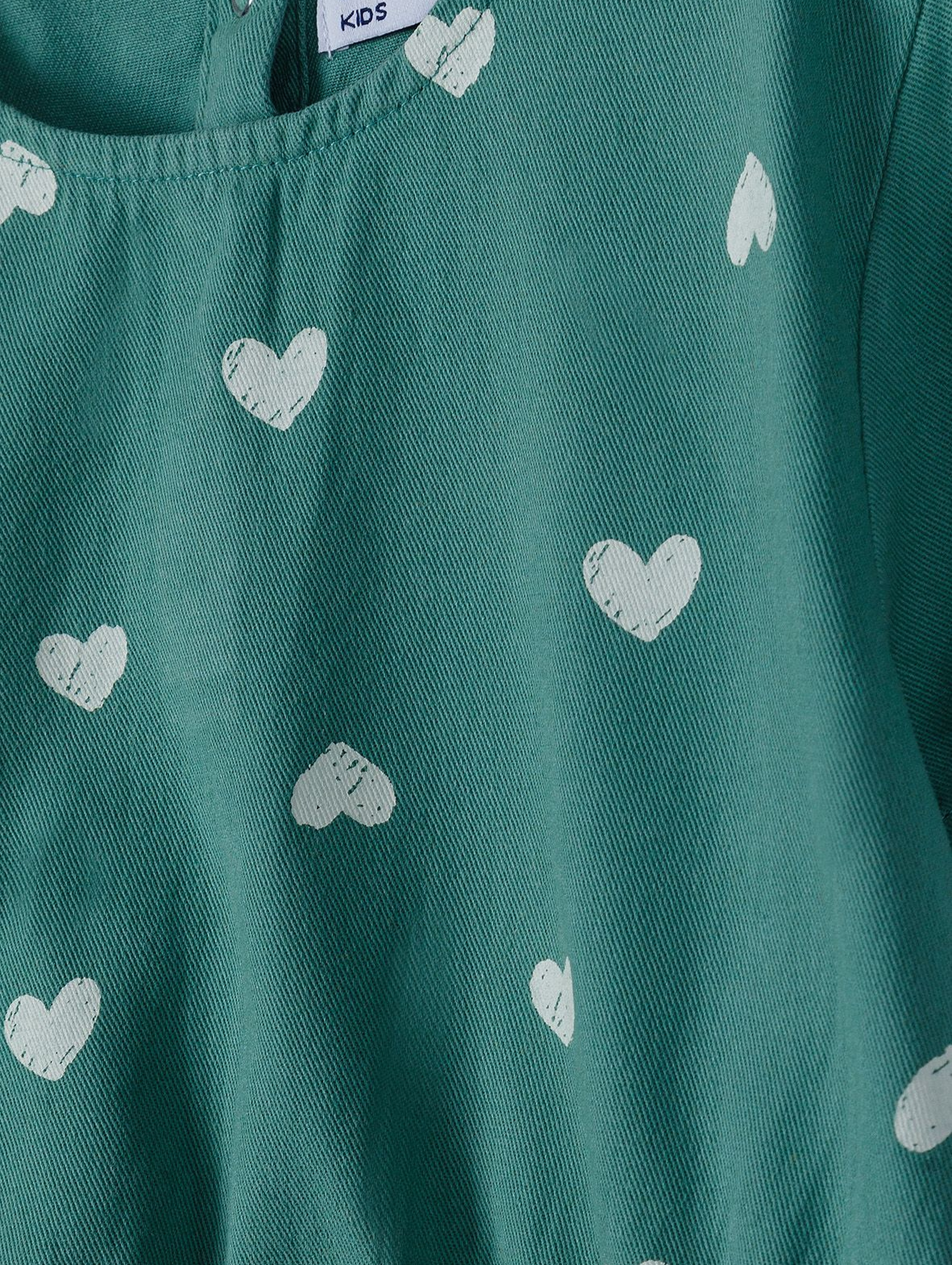 Bawełniana sukienka zapinana na guziczki - zielona w serduszka