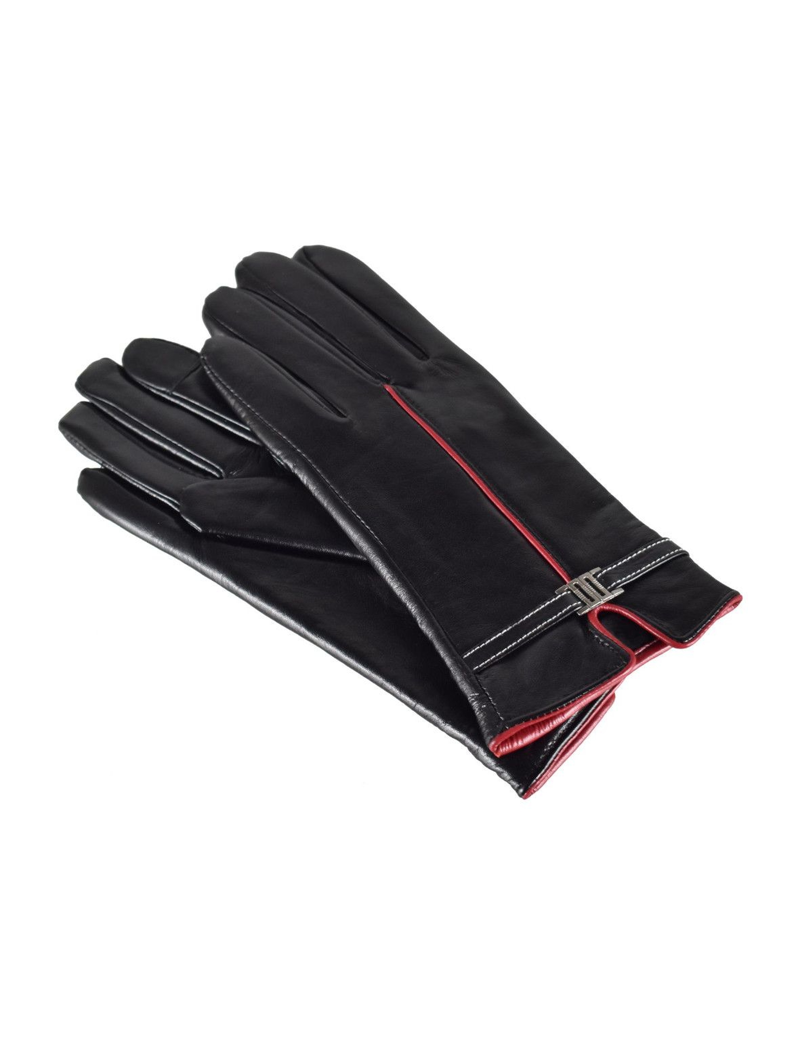 Rękawiczki damskie skórzane antybakteryjne - czarne z czerwoną wstawką