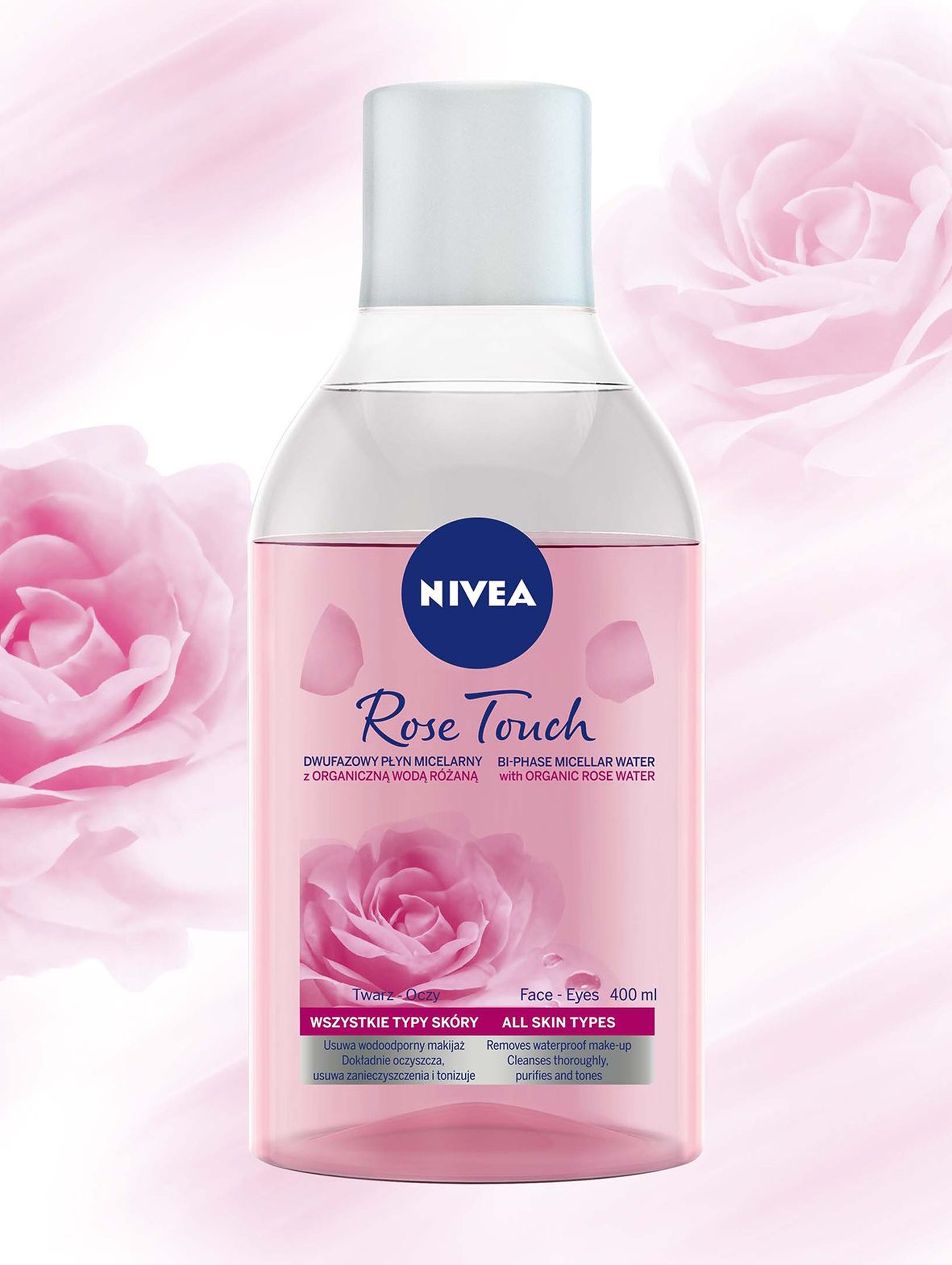 NIVEA Rose Collection  (nawilżający żel-krem z organiczną wodą różaną i kwasem hialuronowym 50ml + micelarny płyn dwufazowy z olejkiem 400ml + pielęgnująca pomadka do ust Soft Rose 4,8g) - zestaw