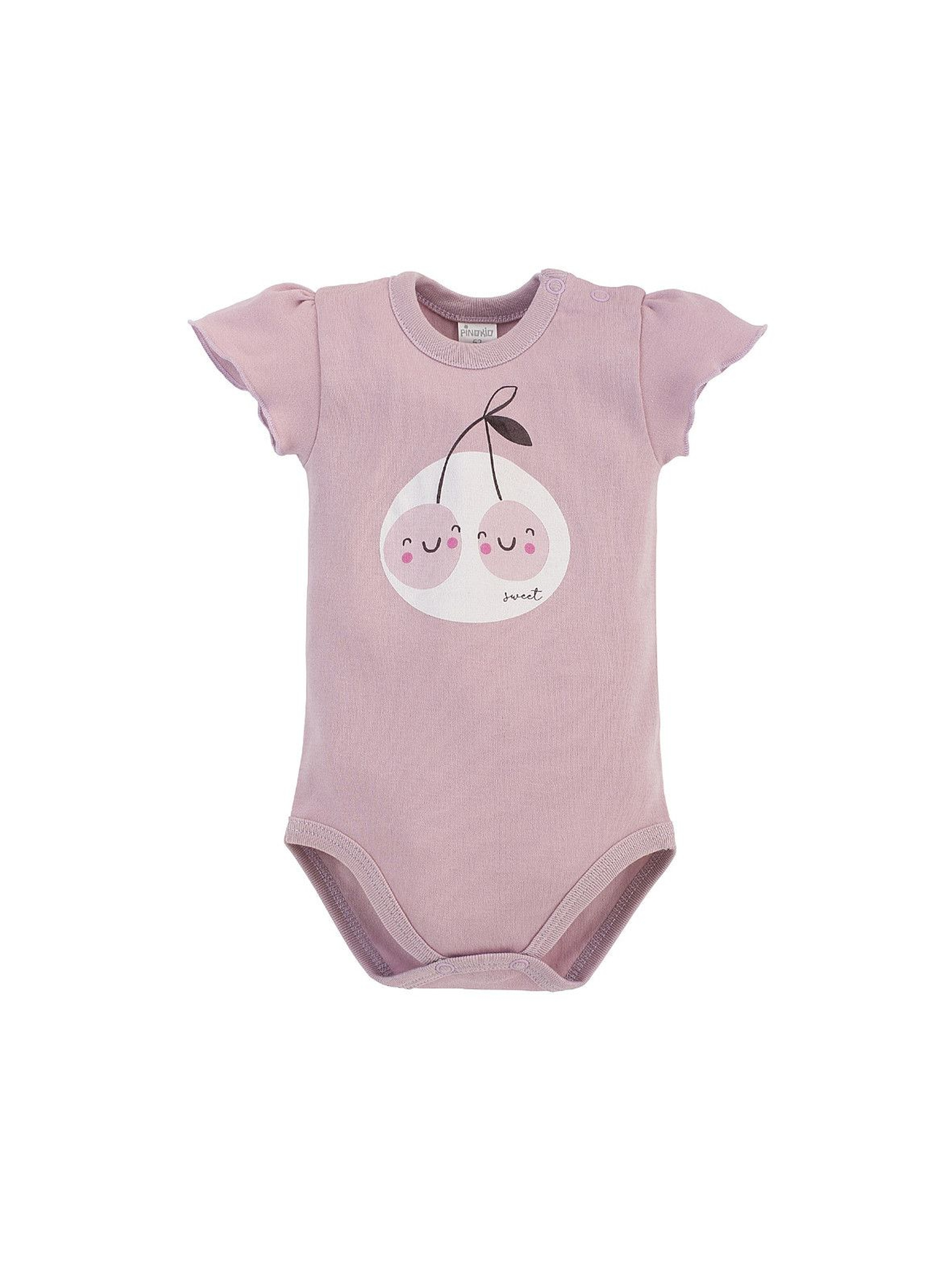 Body niemowlęce z krótkim rękawem z miękkiej, różowej bawełny z wisienkami