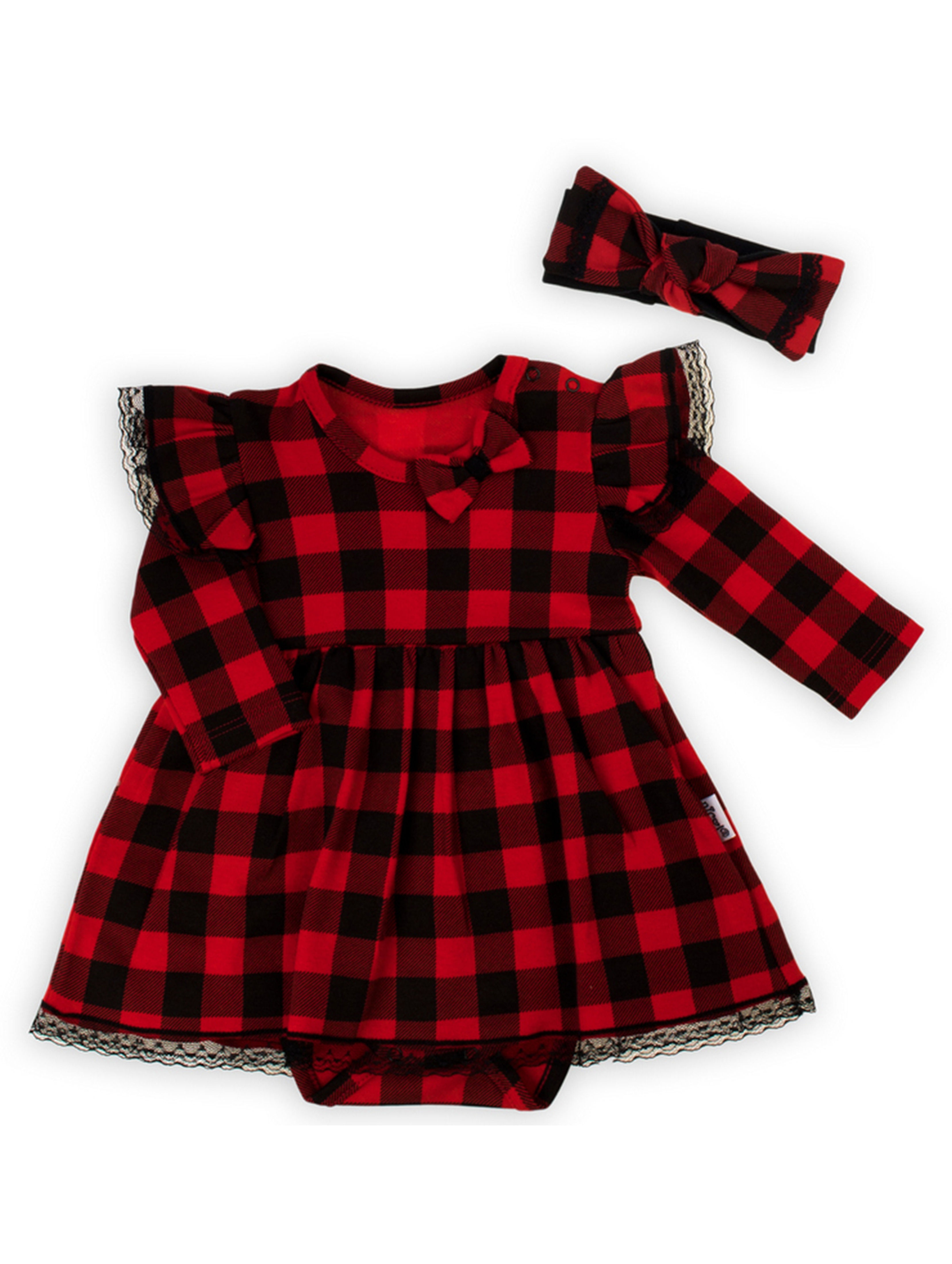 Sukienko-body bawełniane niemowlęce dla dziewczynki w kratkę czarne