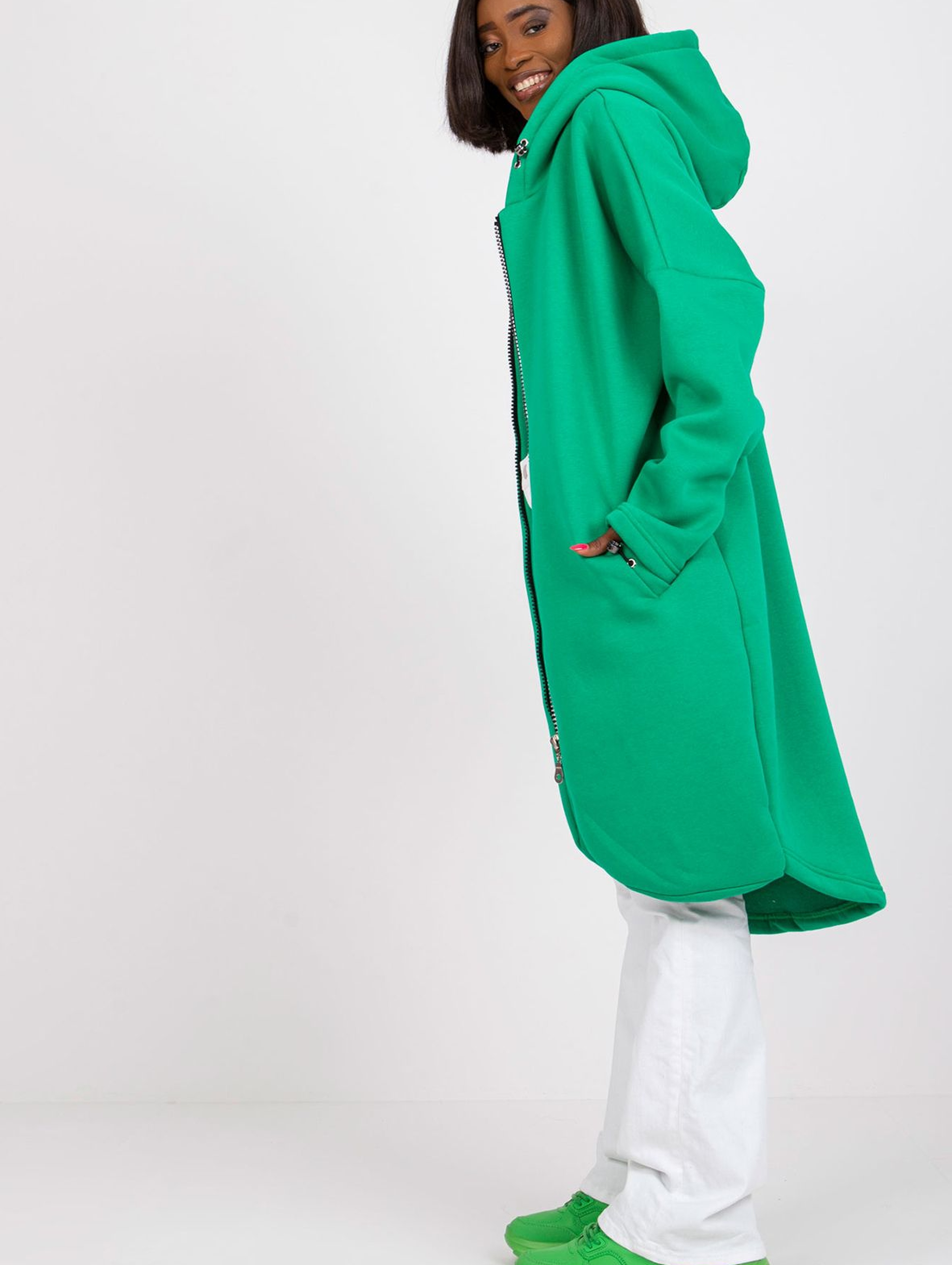 Bluza damska długa  rozpinana z kapturem - zielona długa