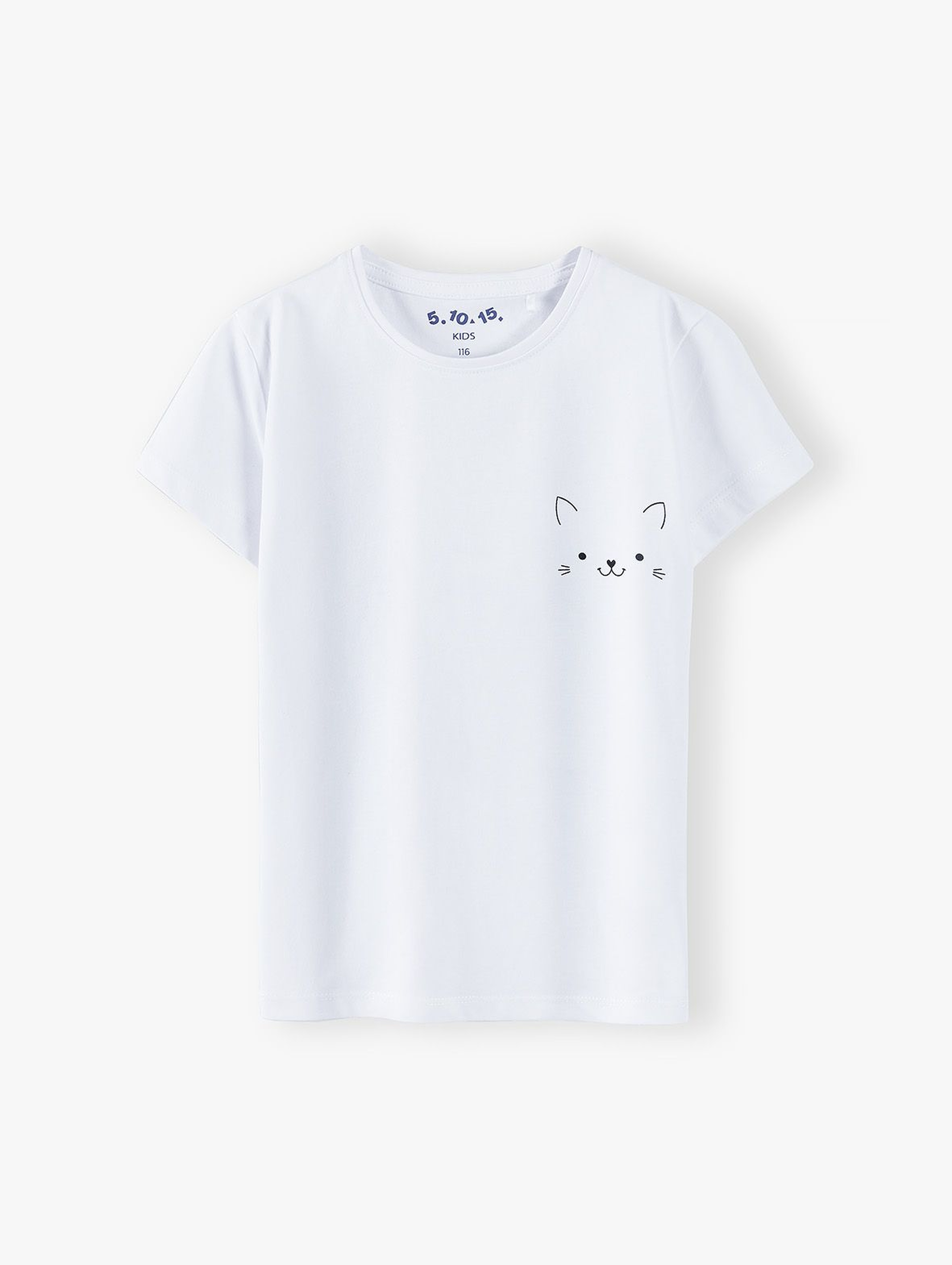 Bawełniany biały t-shirt dziewczęcy z kotem