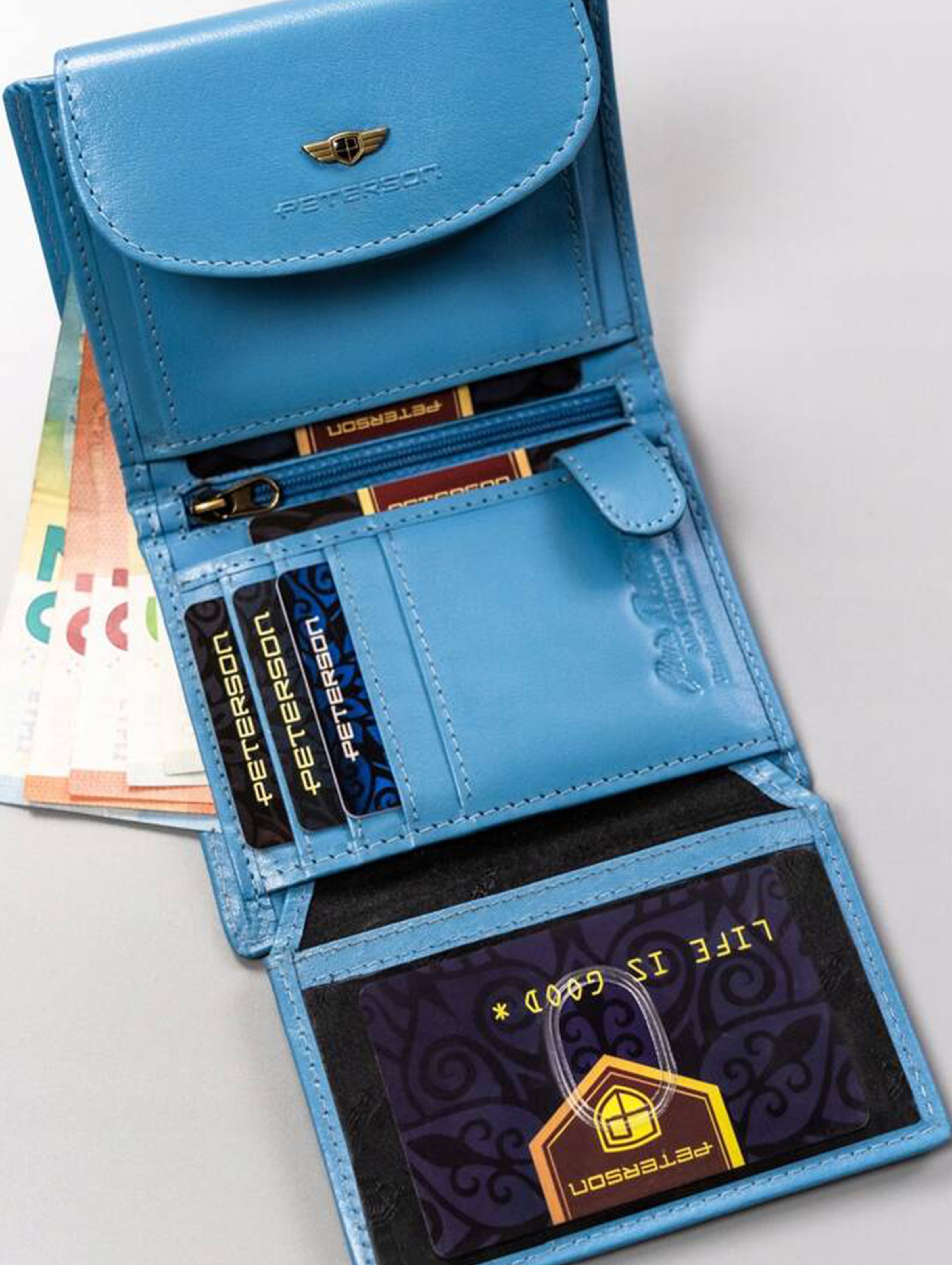 Peterson Mały, skórzany portfel damski na zatrzask- niebieski