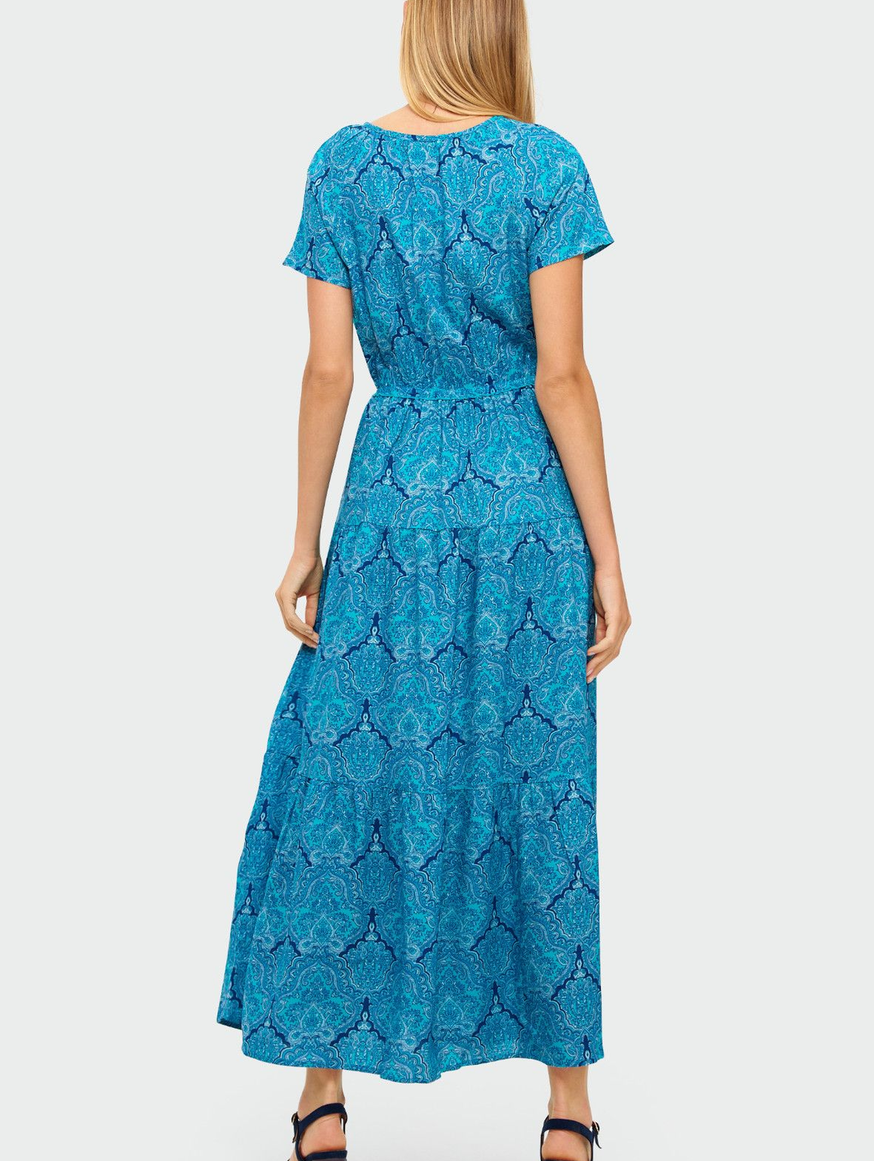 Wiskozowa długa sukienka z nadrukiem - niebieska