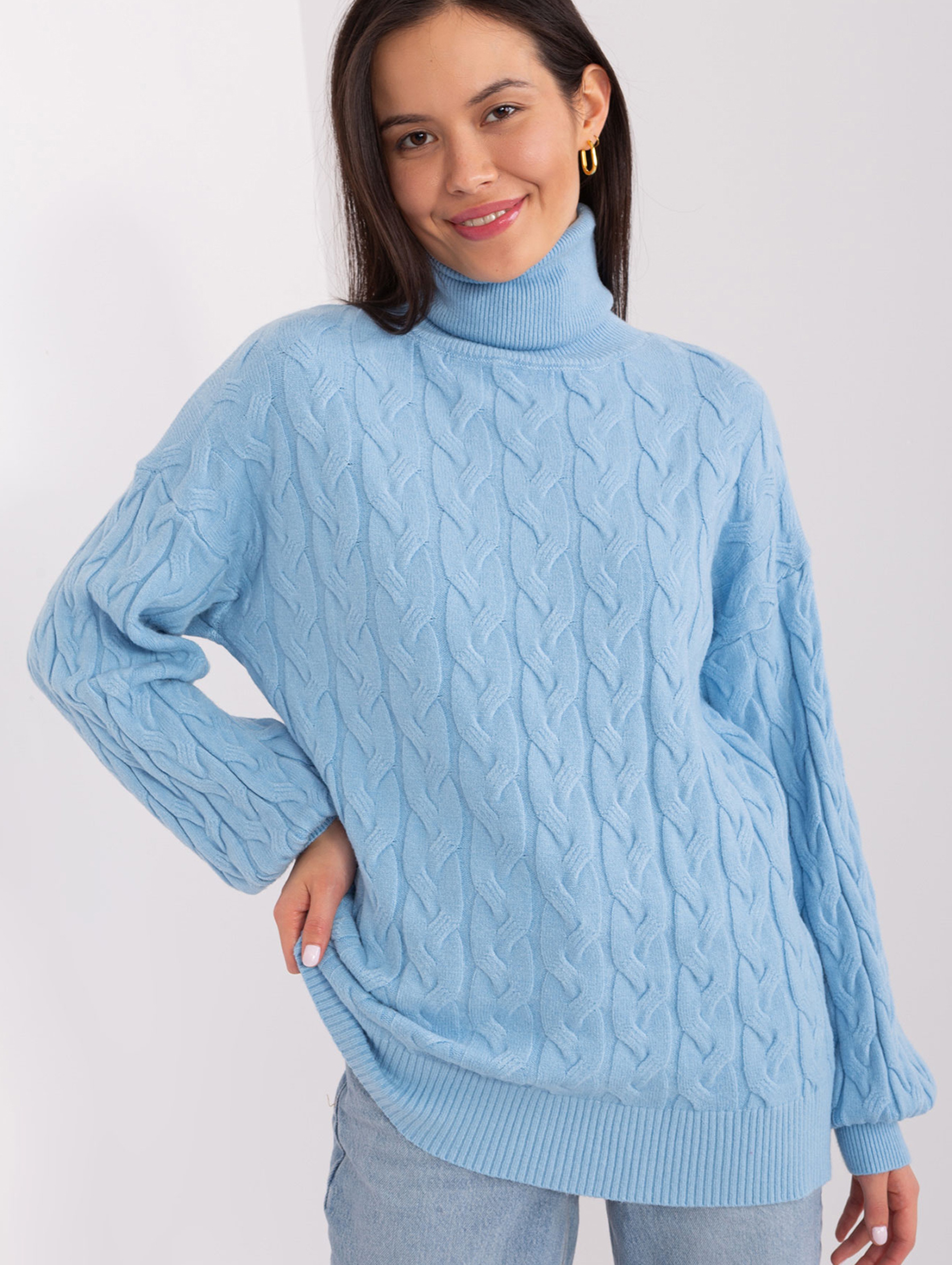 Sweter z golfem z dodatkiem wiskozy jasny niebieski