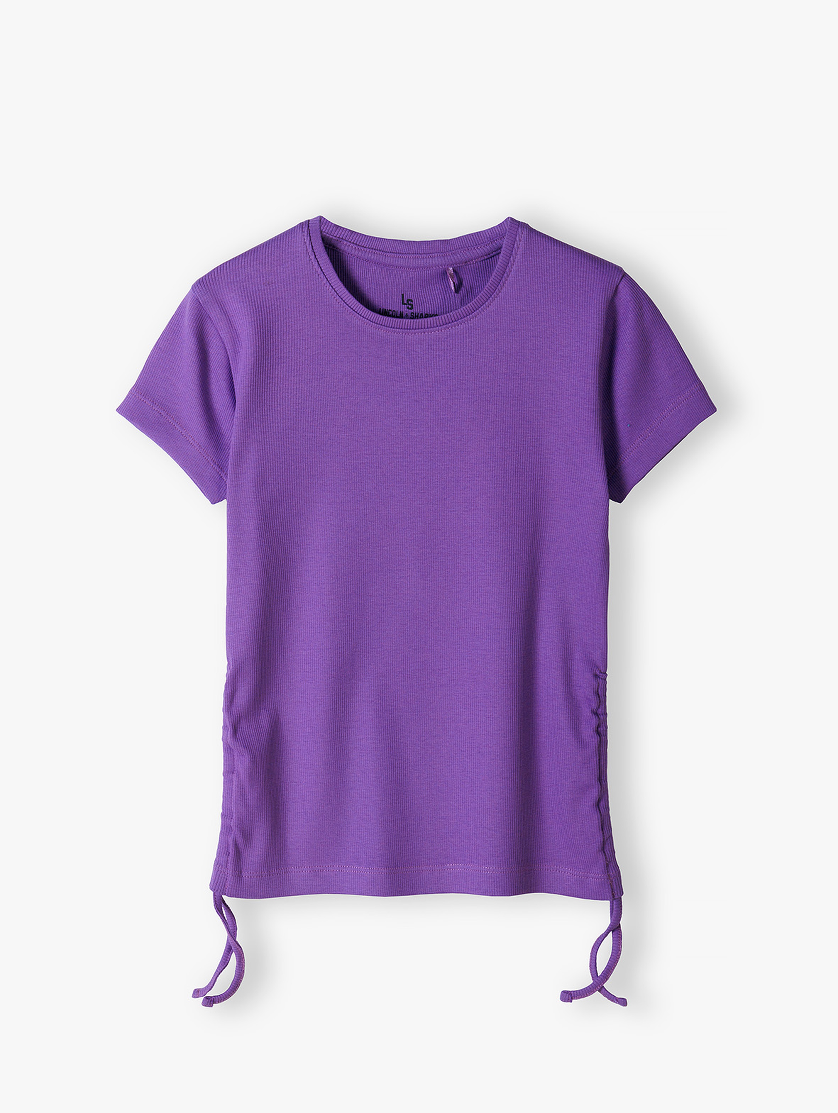 Fioletowa prążkowana koszulka dziewczęca z regulacją po bokach