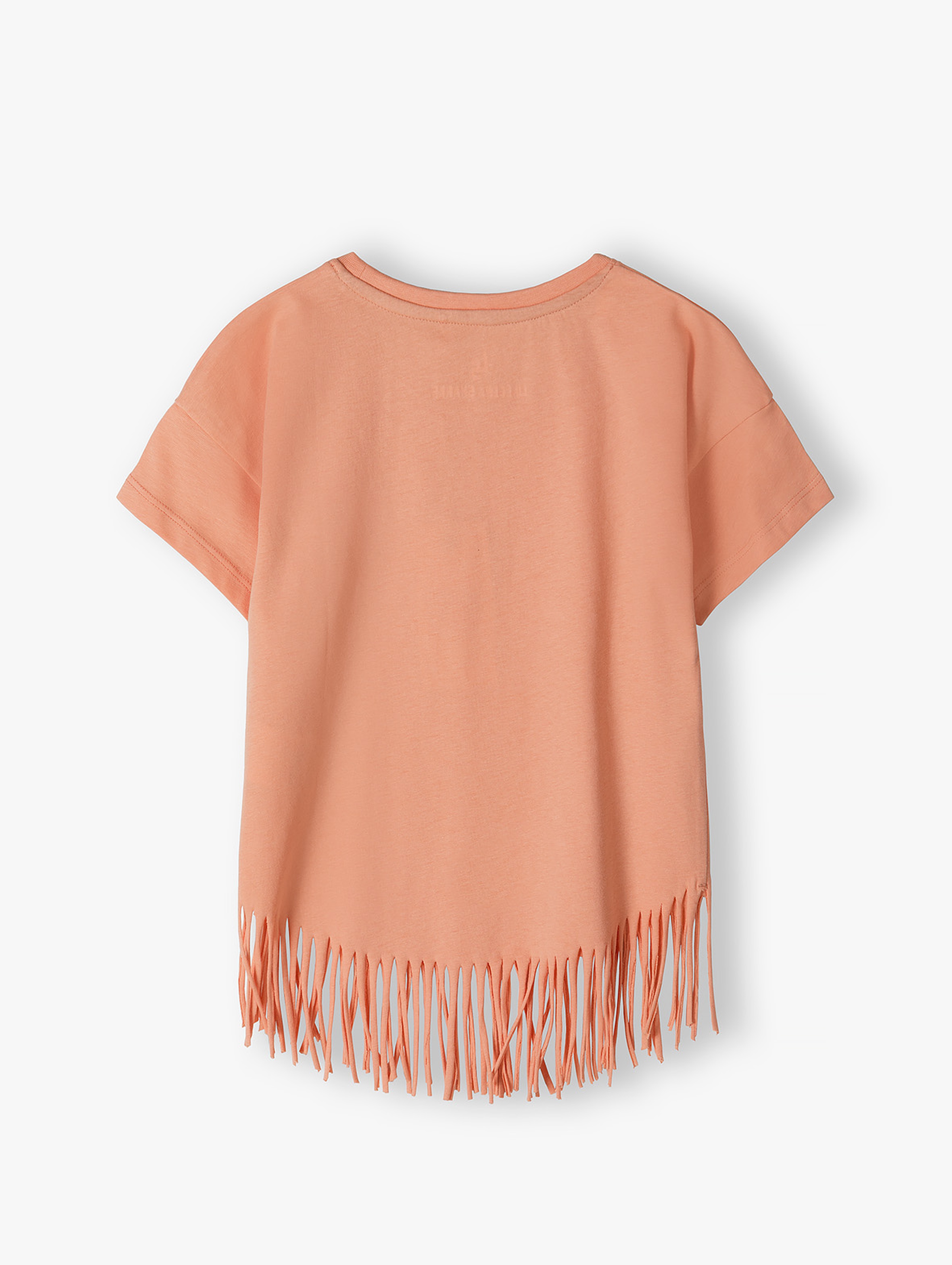 Pomarańczowy t-shirt bawełniany dla dziewczynki z frędzlami