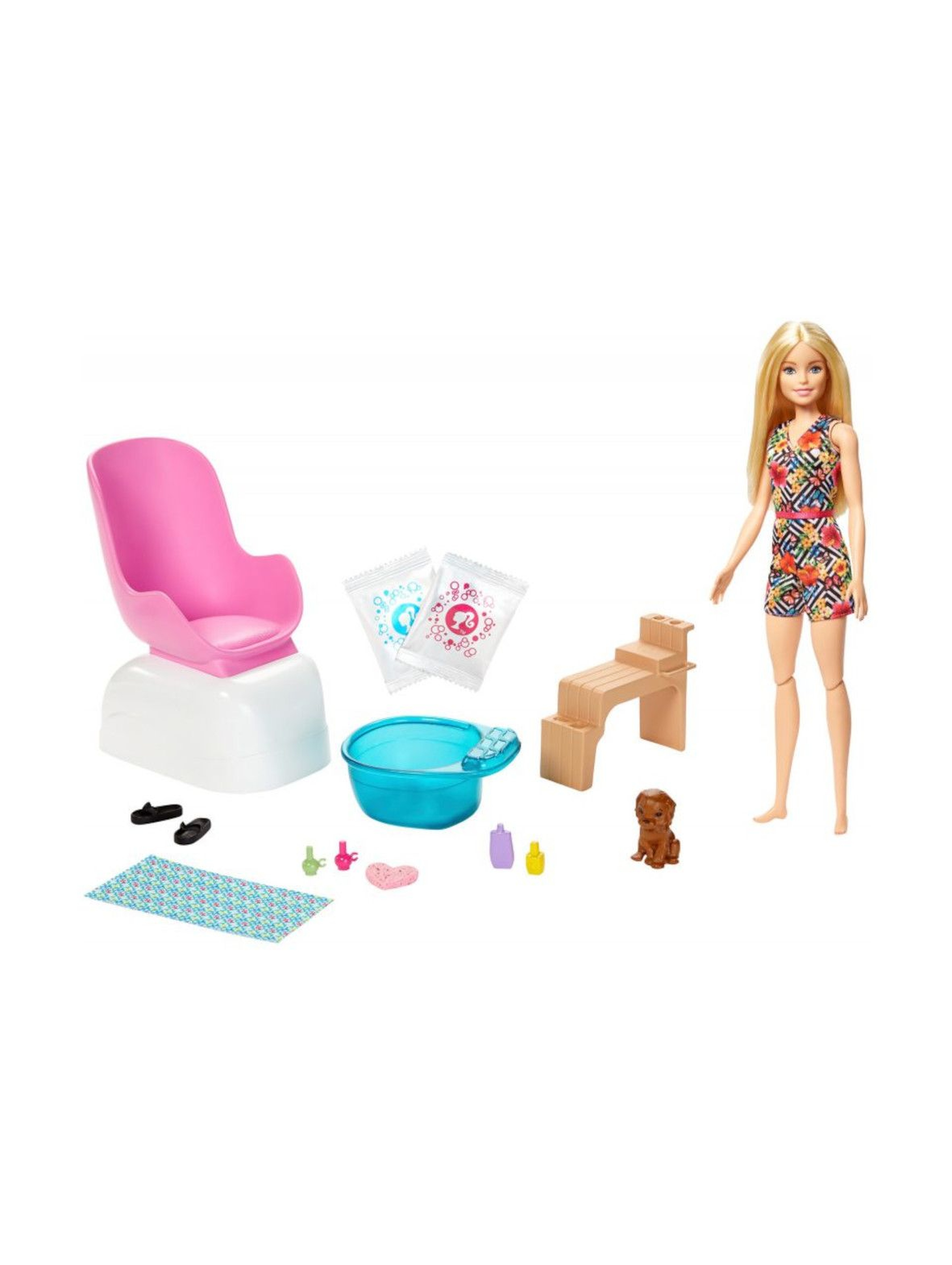 Barbie - Zestaw Mani-Pedi SPA- lalka ze szczeniaczkiem, funkcją zmiany koloru i saszetkami z proszkiem wiek 3+