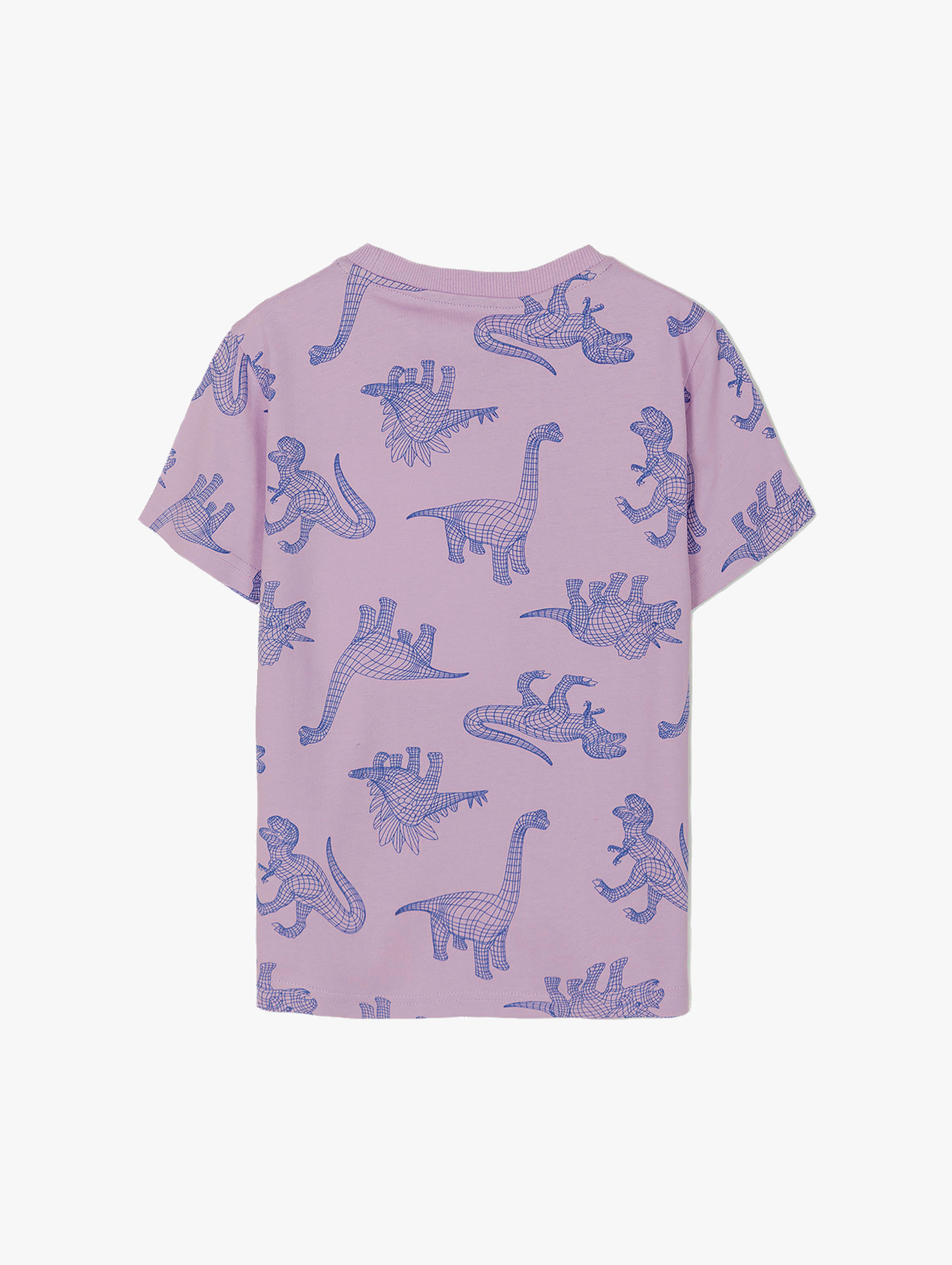 Bawełniany t-shirt fioletowy dla chłopca z nadrukiem dinozaurów