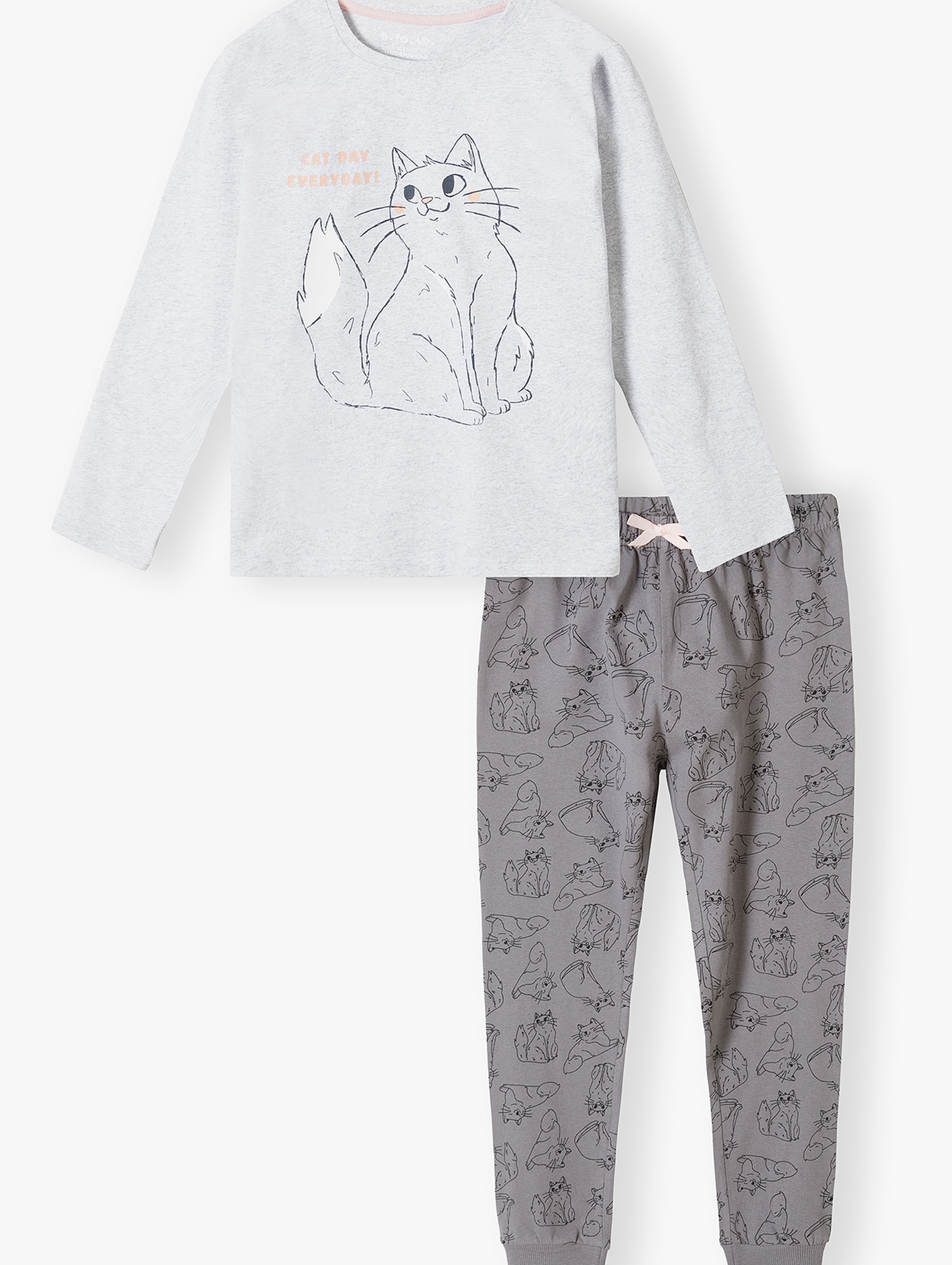 Dwuczęściowa piżama dla dziewczynki - bluzka z kotkiem + długie spodnie w kotki