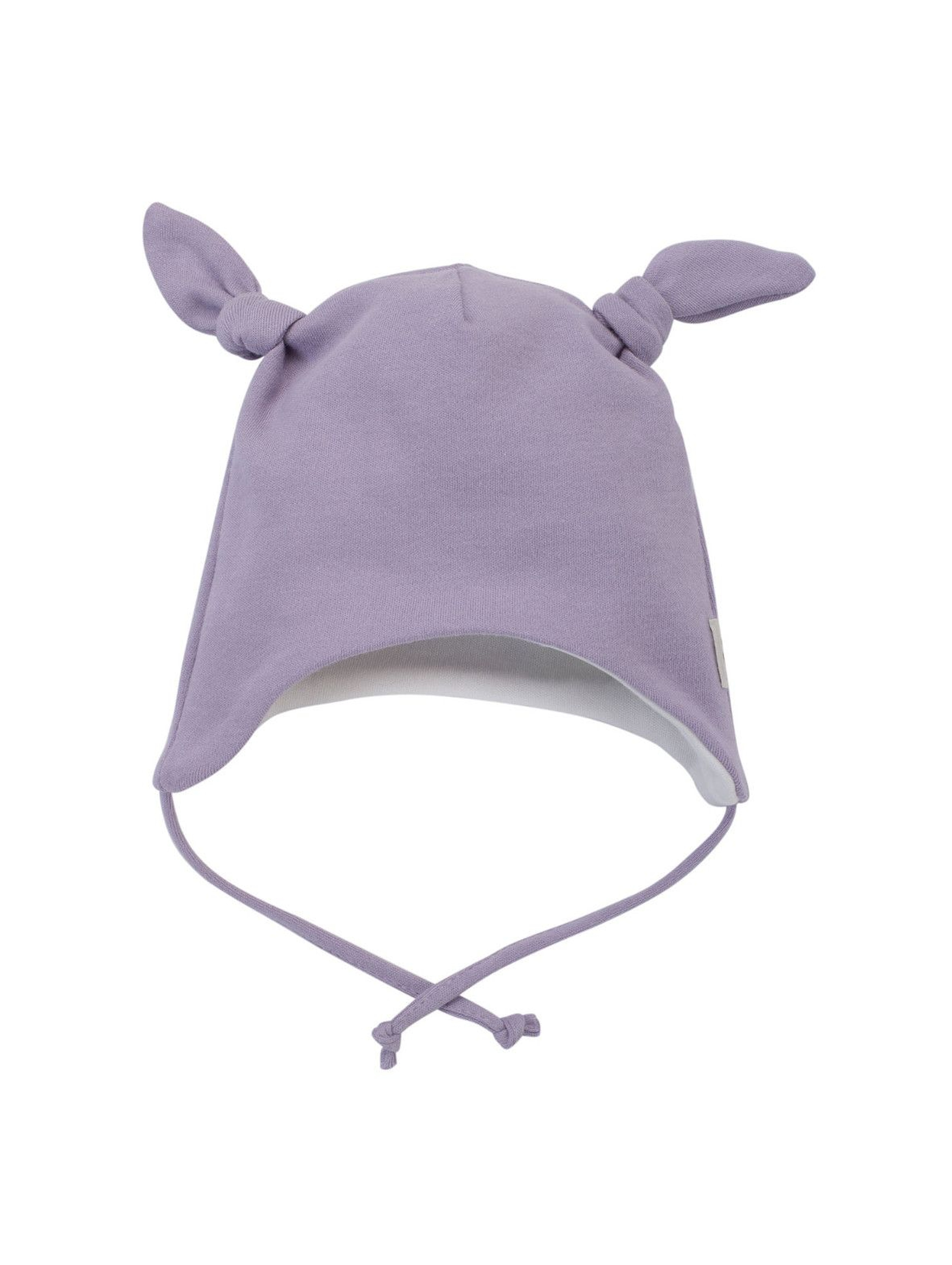 Dwuwarstwowa czapka niemowlęca wiązana pod szyją- fioletowa