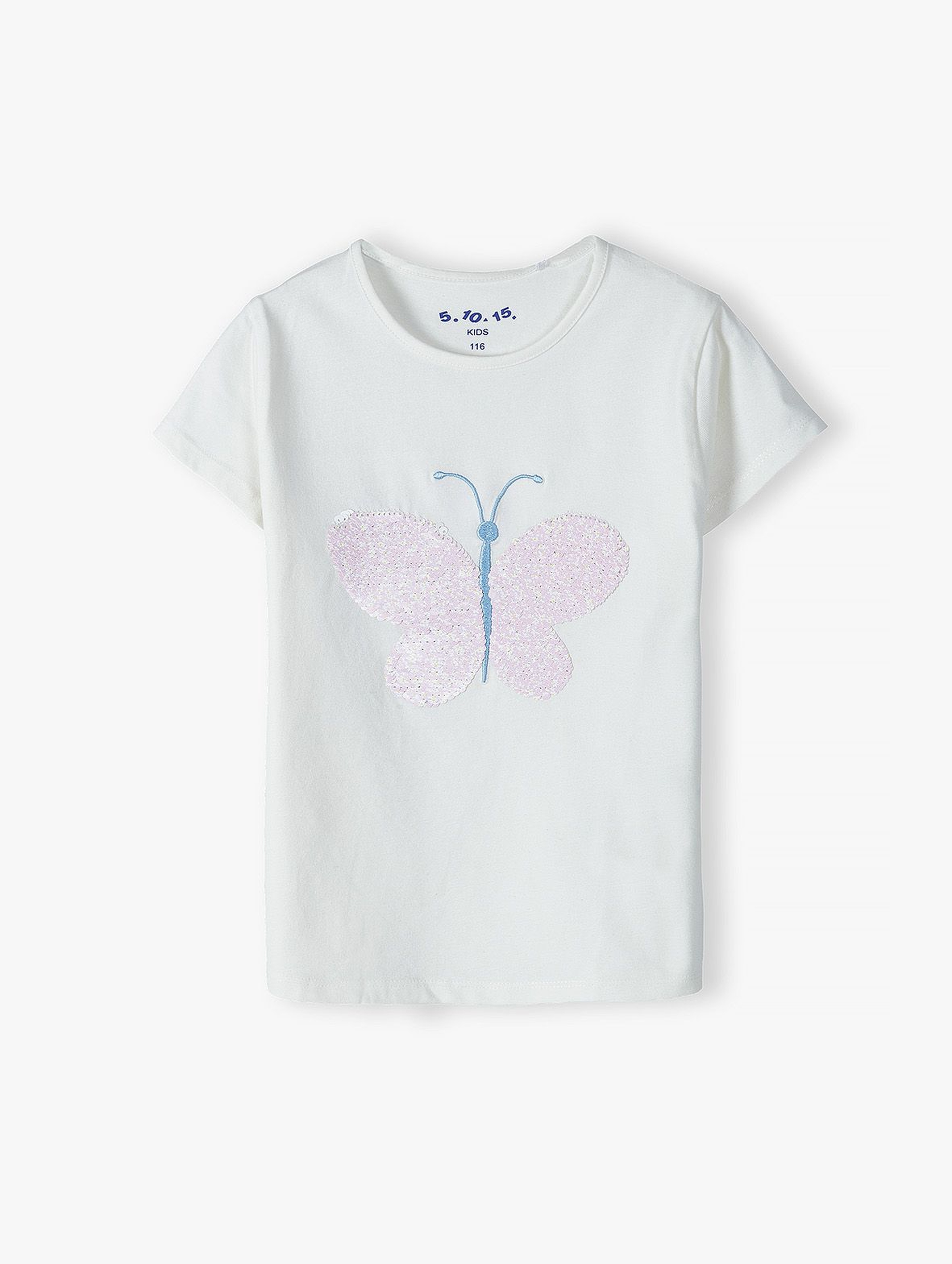 T-shirt dziewczęcy z różowym motylkiem z cekinów