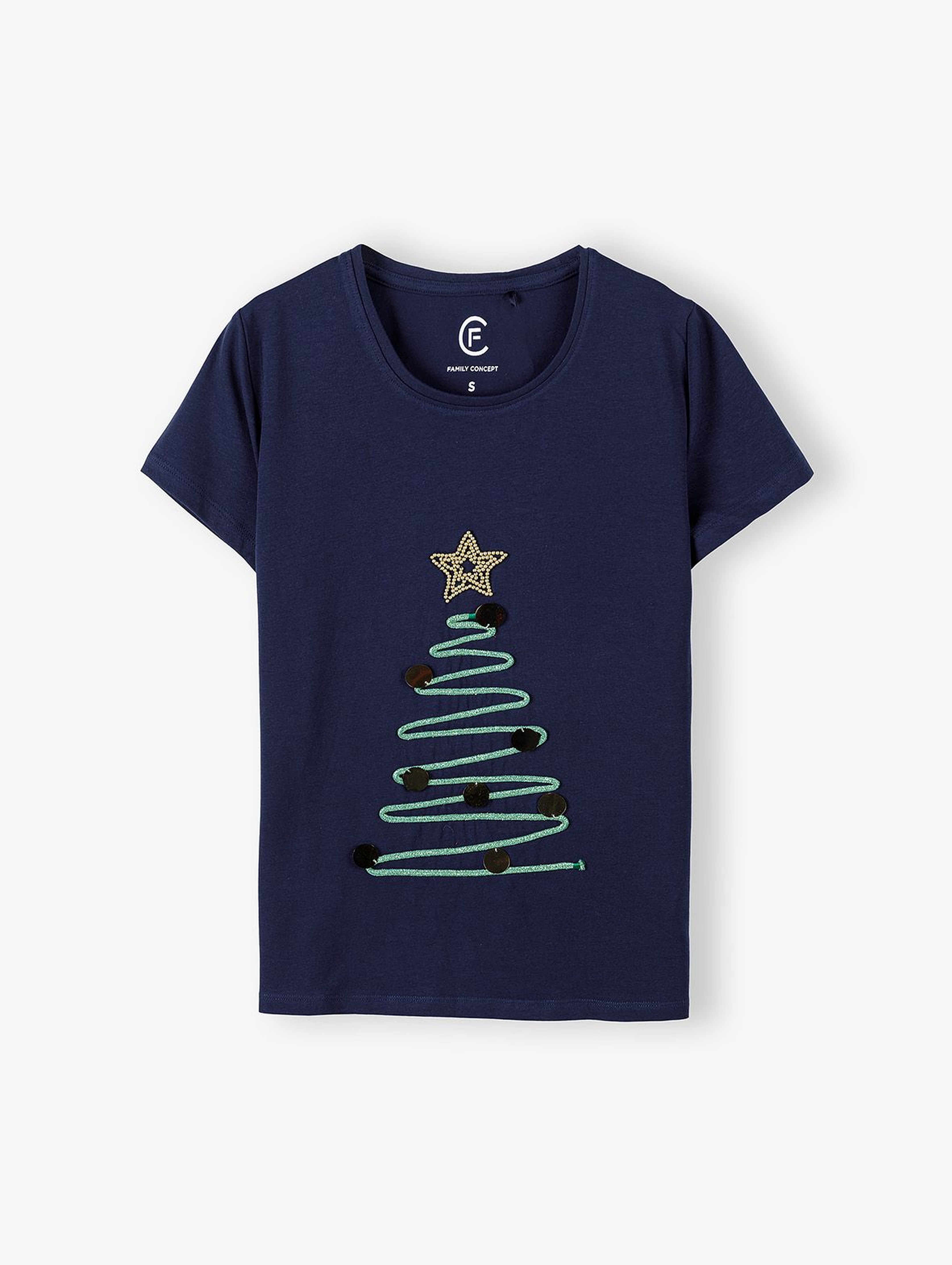 Granatowy świąteczny t-shirt damski z choinką