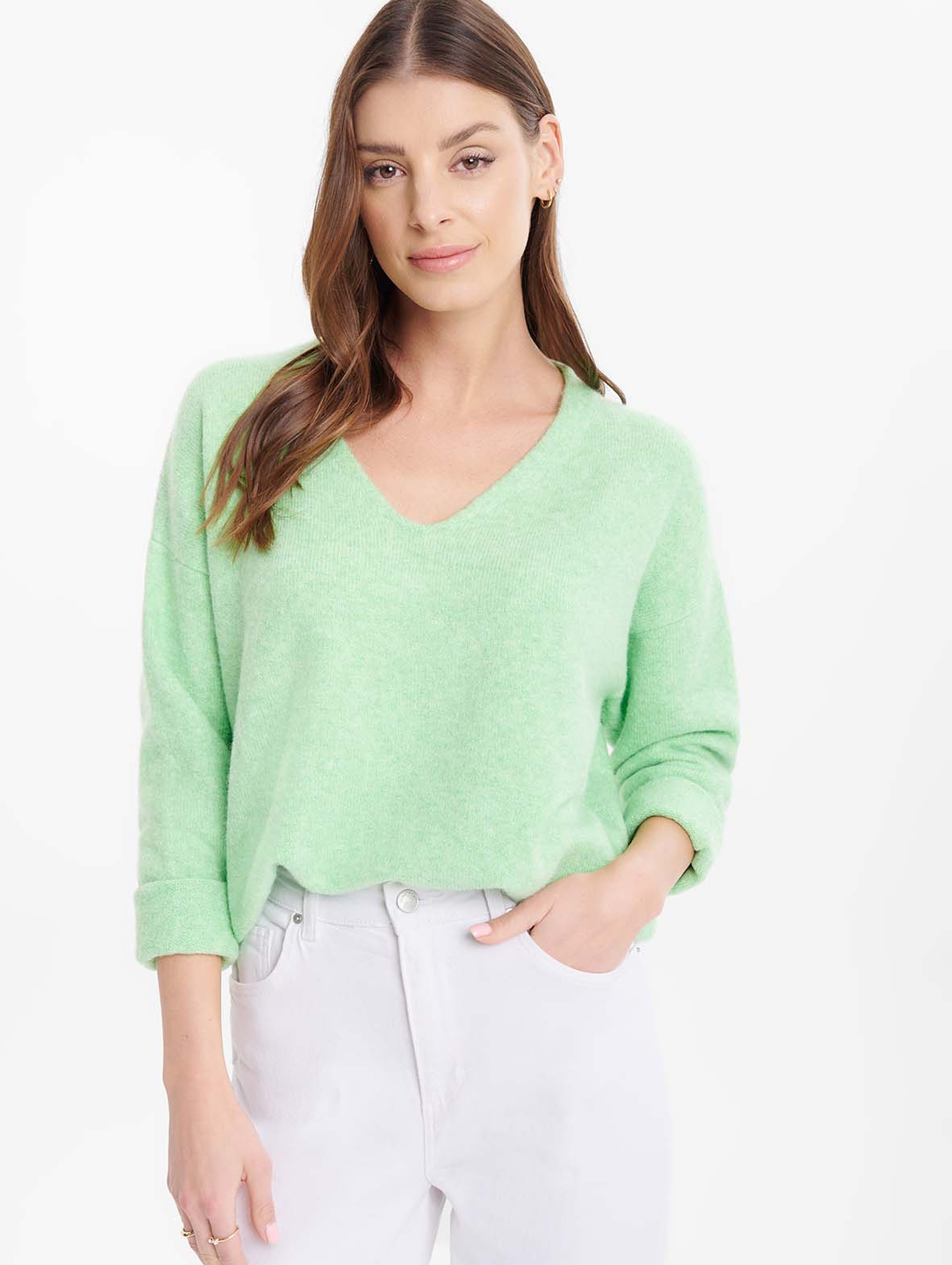 Damski sweter dzianinowy zielony z dekoltem V
