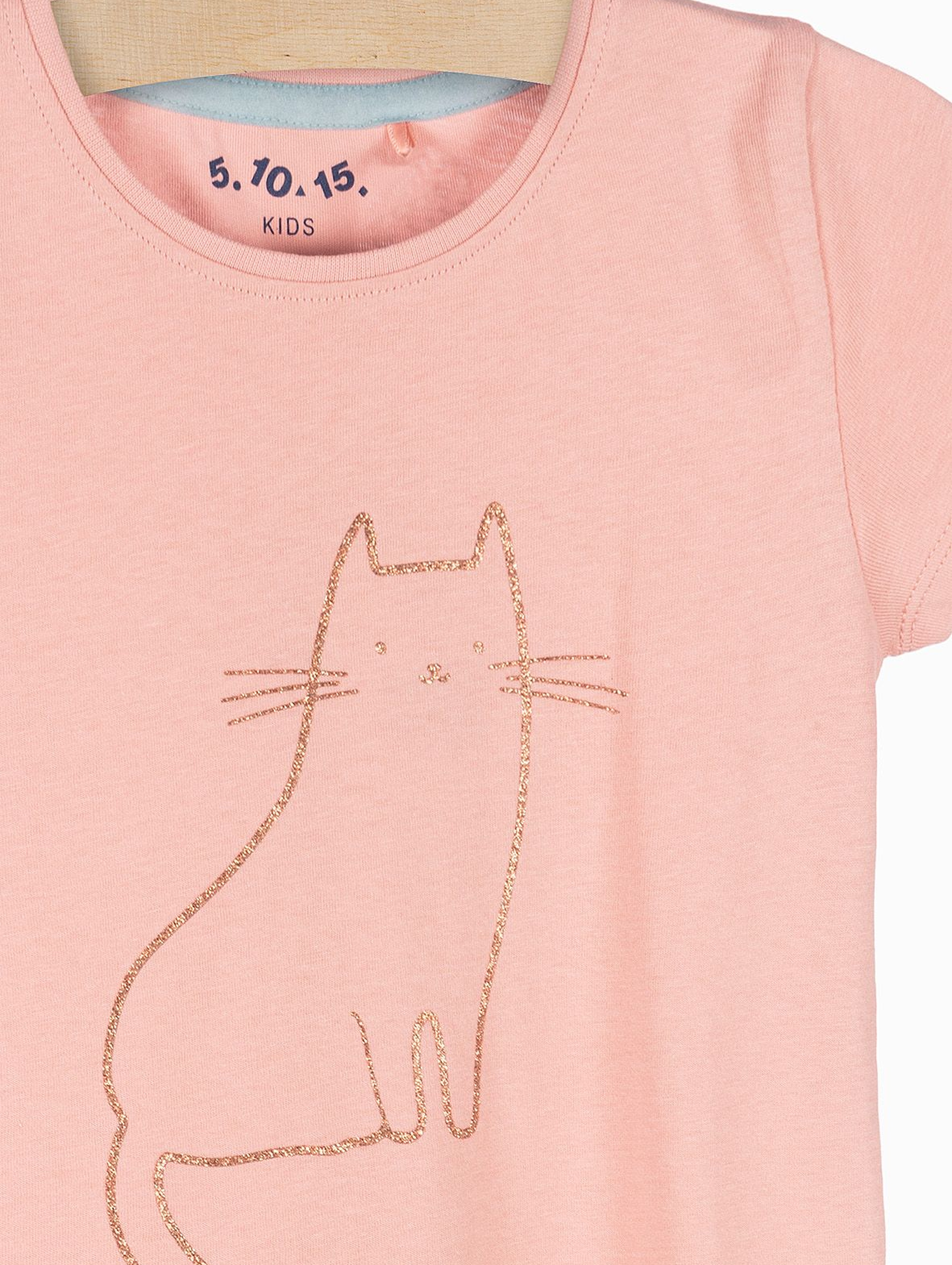 Różowy tshirt dziewczęcy z brokatowym kotem