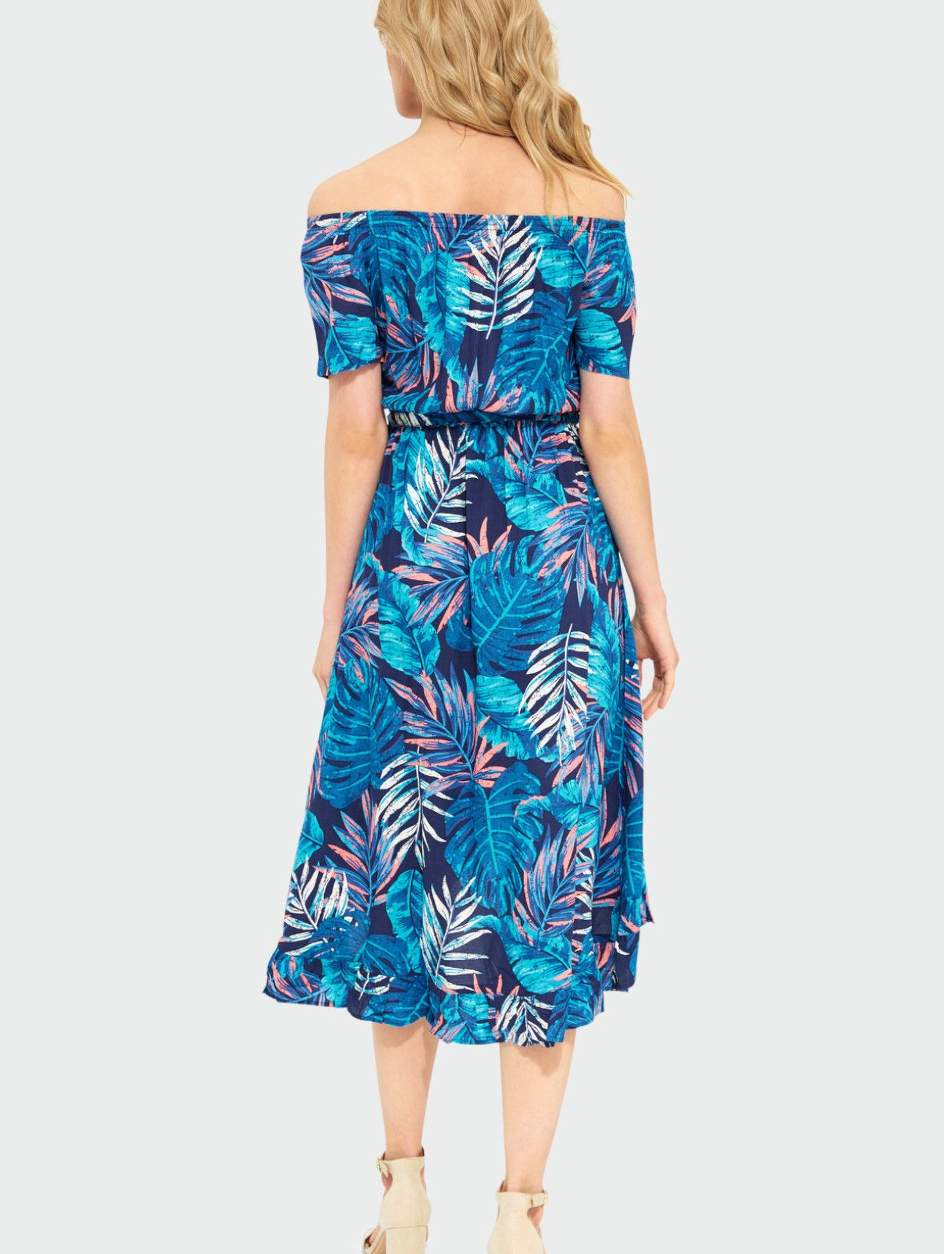 Wiskozowa sukienka z roślinnym nadrukiem typu hiszpanka- niebieska