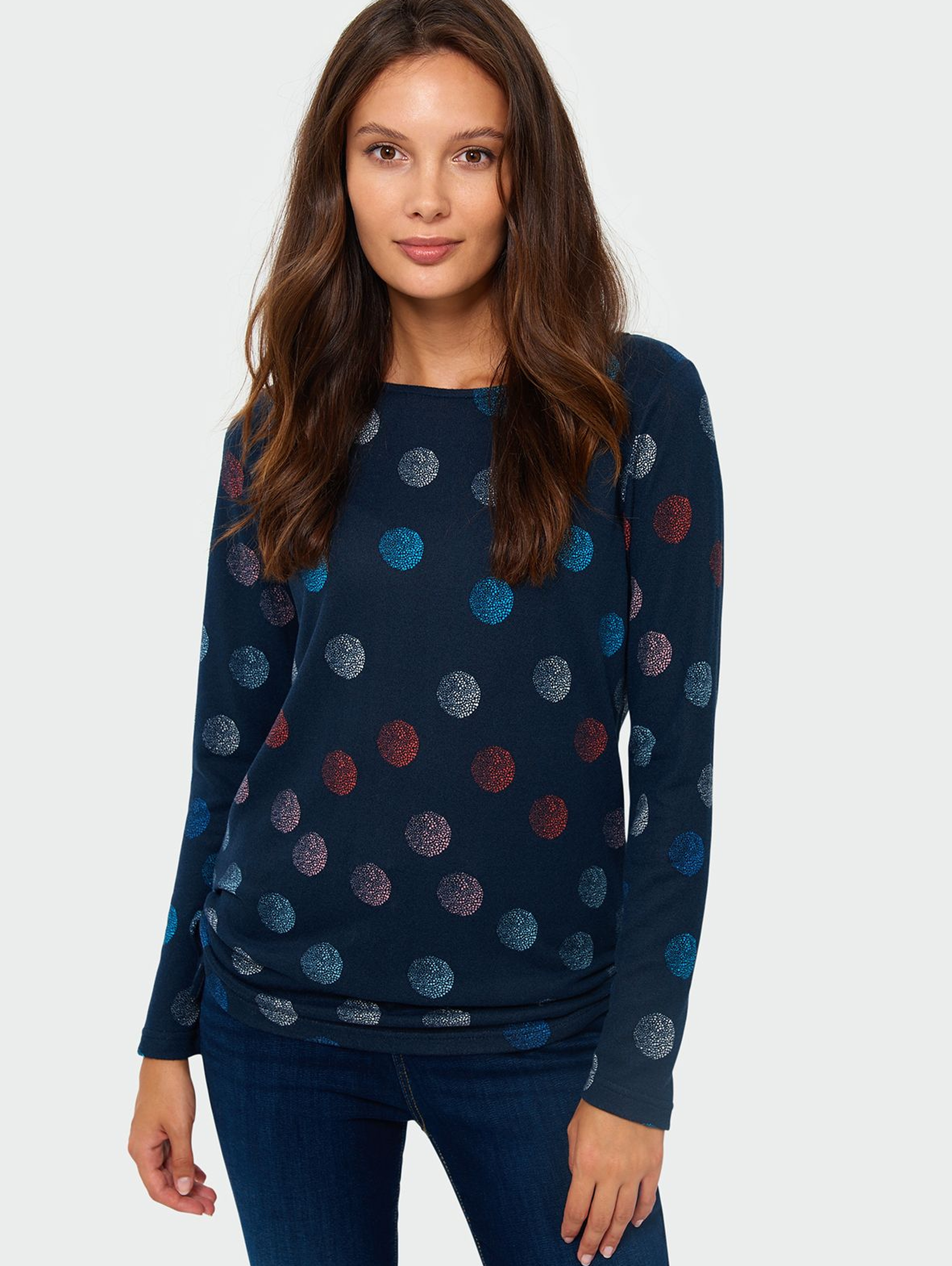 Sweter damski w kolorowe kółka - granatowy