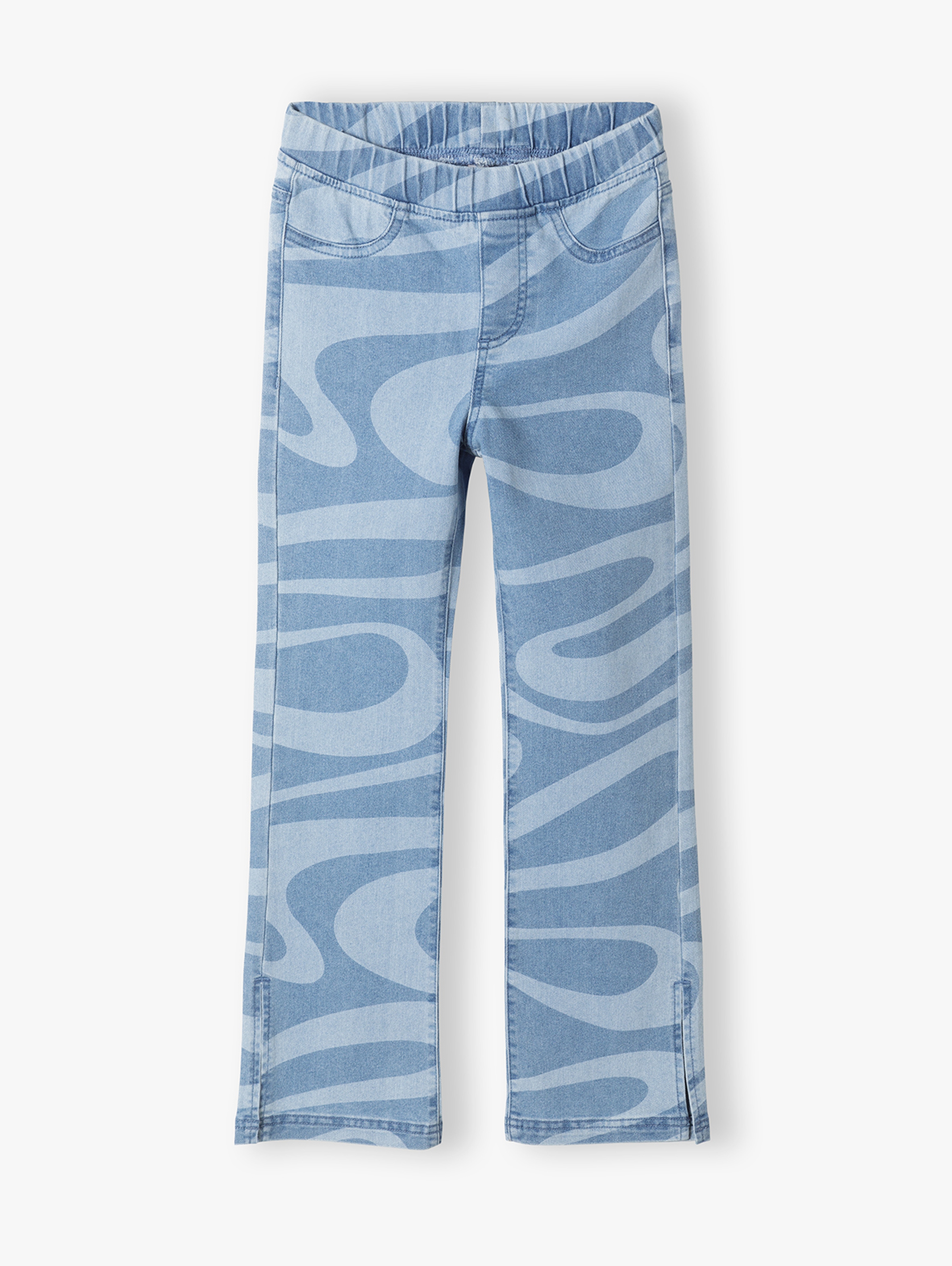 Niebieskie rozkloszowane spodnie dziewczęce we wzory