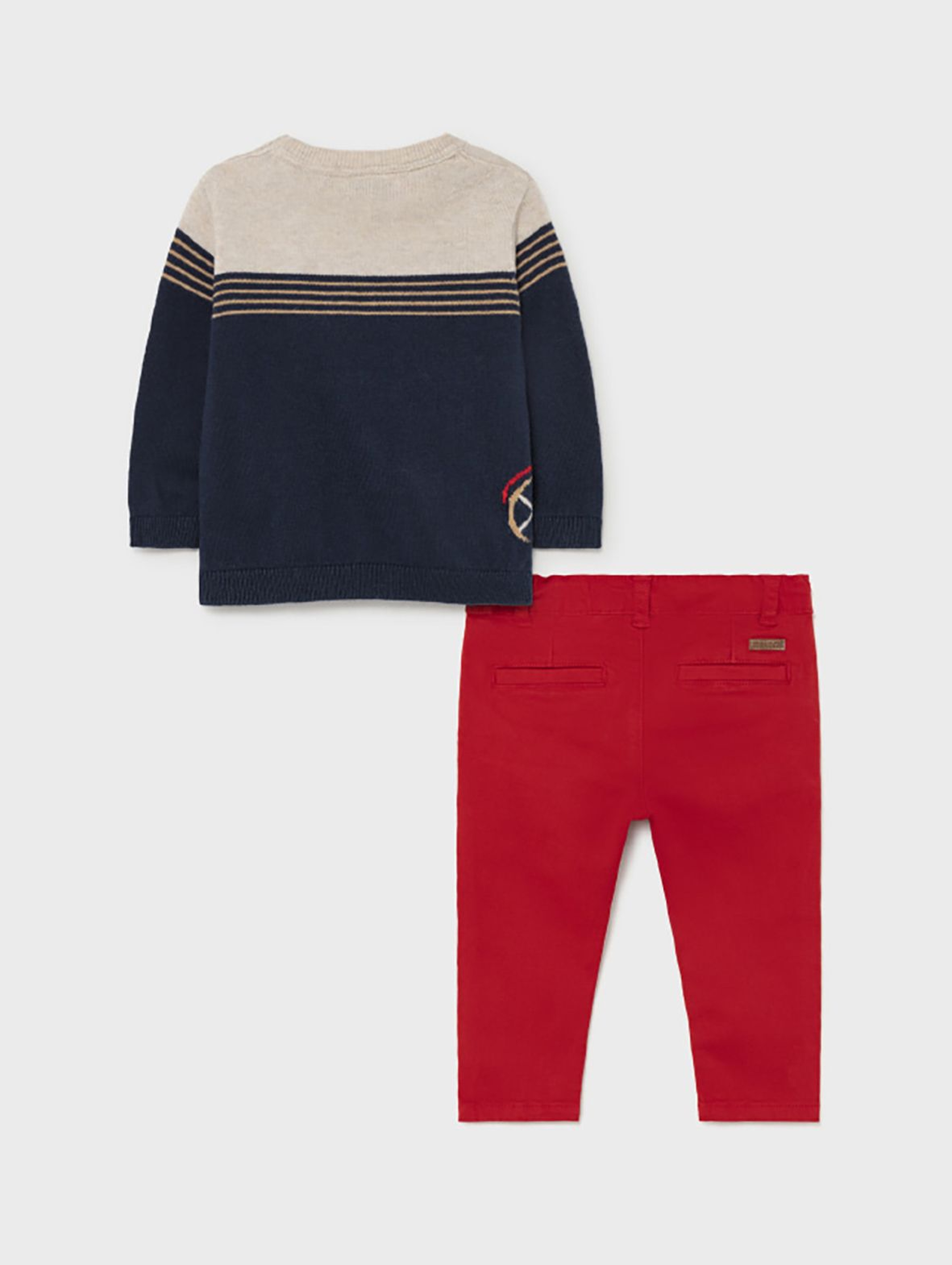 Komplet chłopięcy - sweter z nadrukiem i czerwone spodnie Mayoral