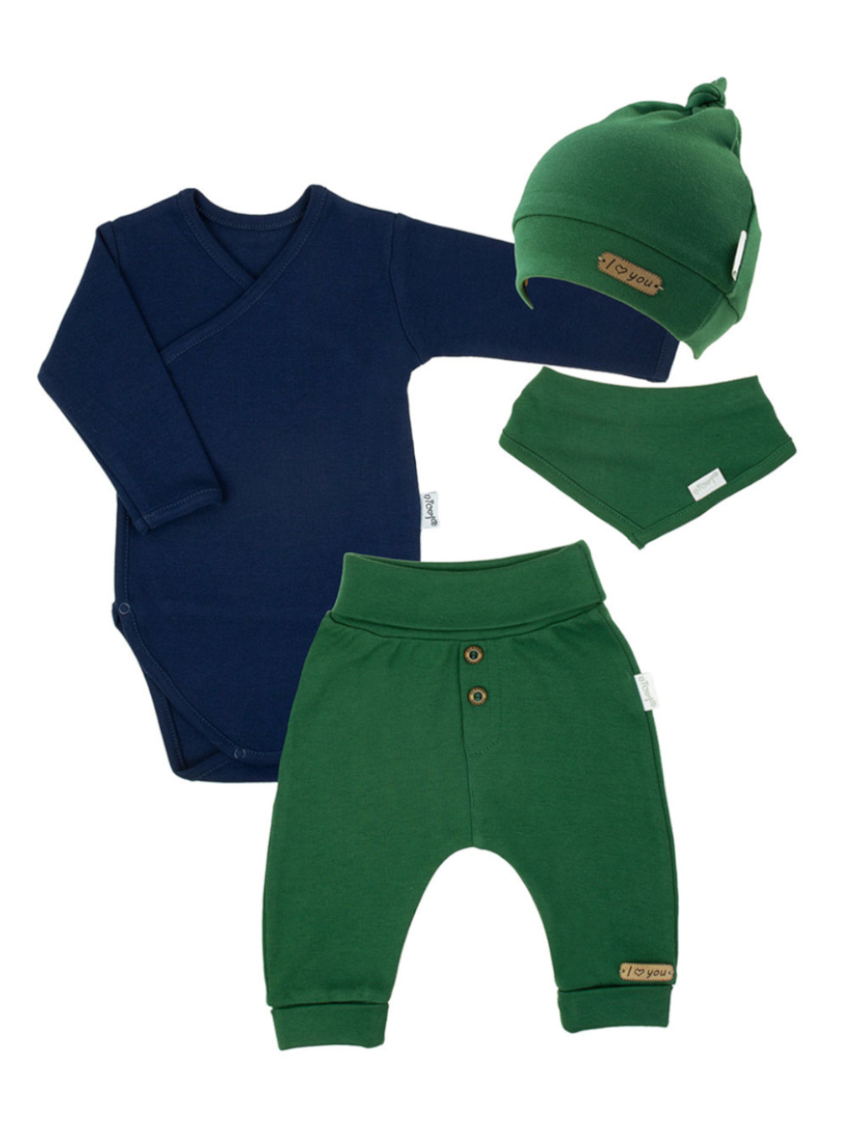 Komplet niemowlęcy body + spodnie + czapka i apaszka zielony