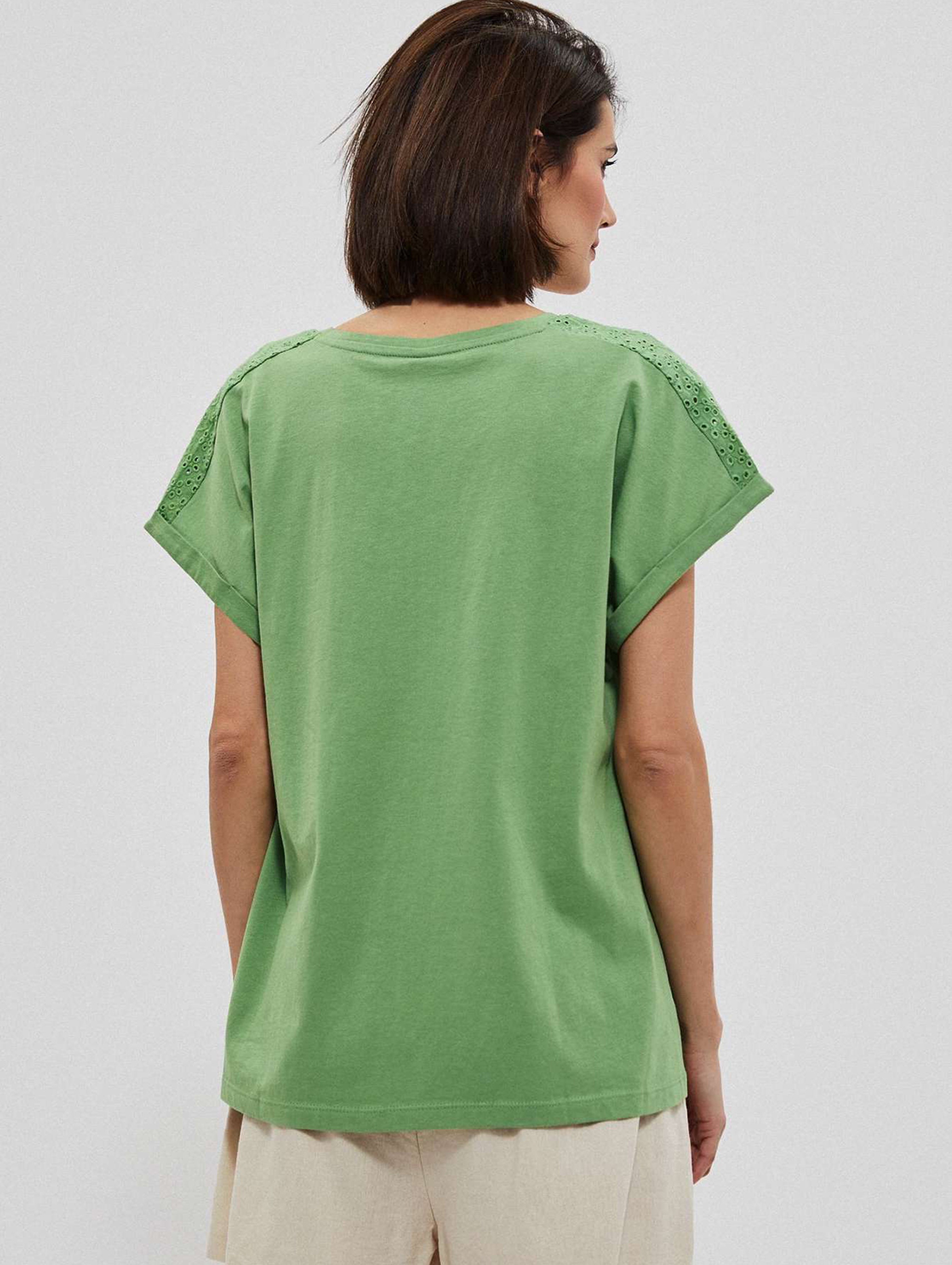 Bawełniany t-shirt damski z ozdobnym wiązaniem zielony
