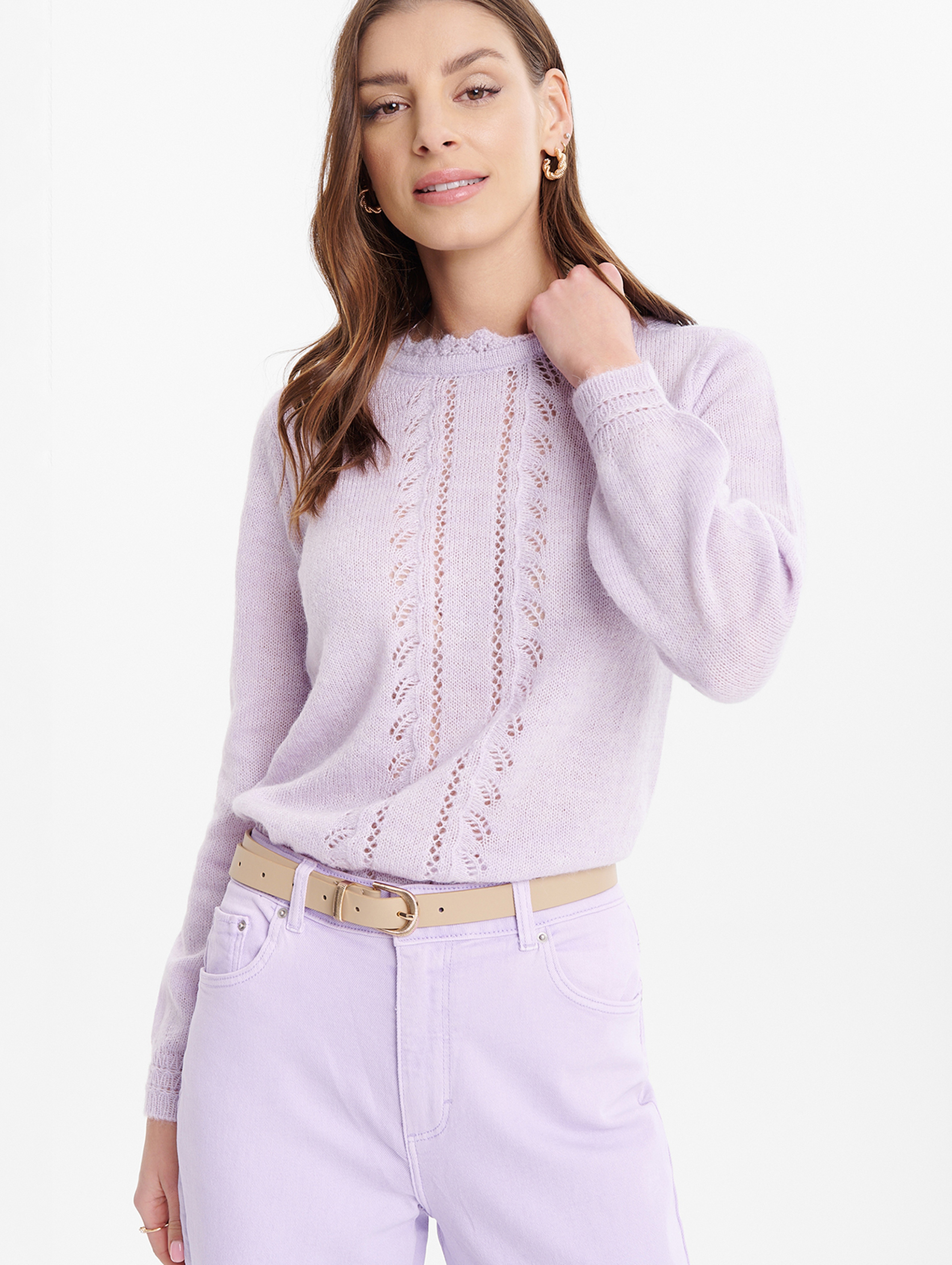Ażurowy sweter damski fioletowy