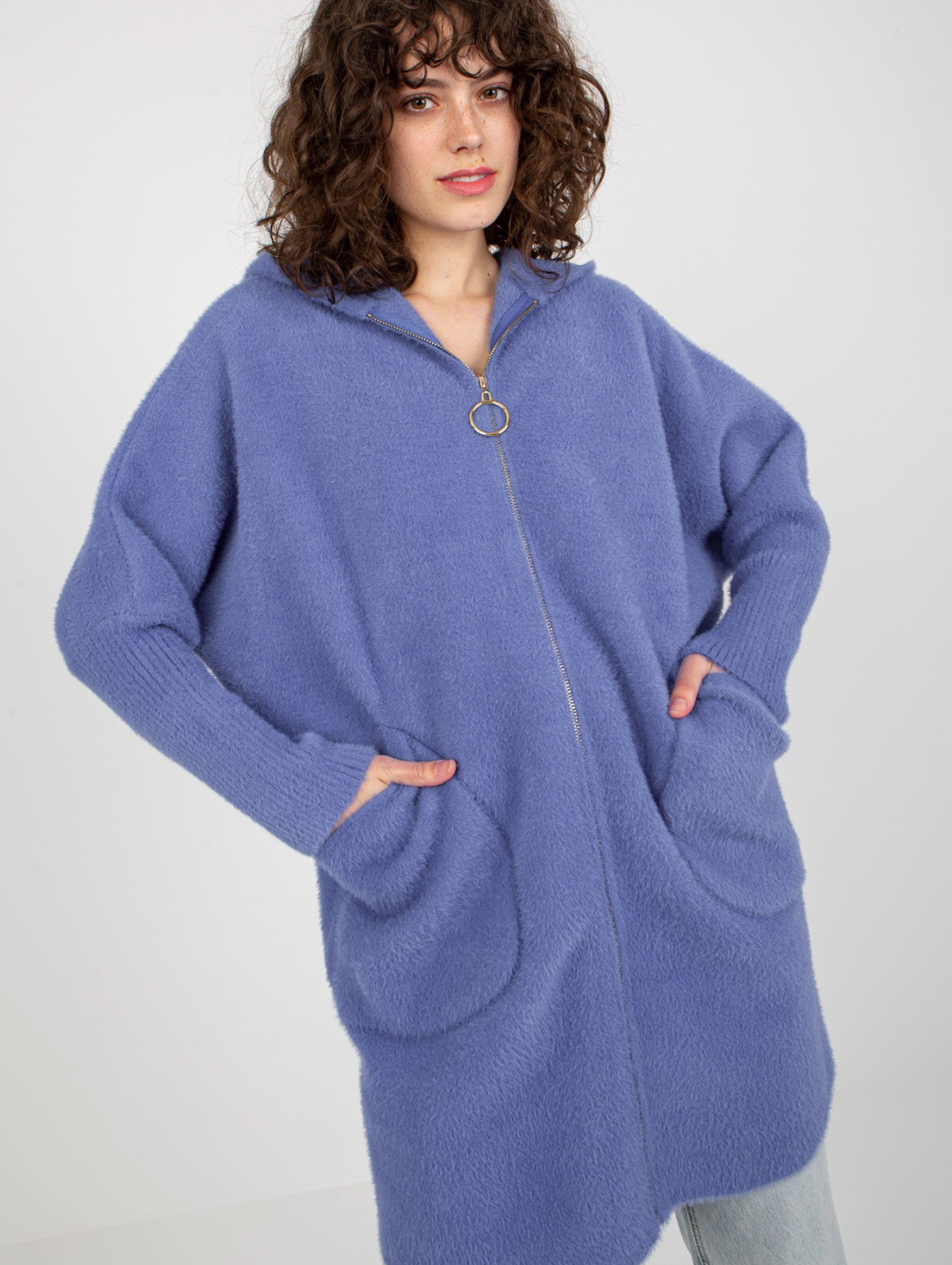 Ciemnoniebieski damski płaszcz alpaka z suwakiem