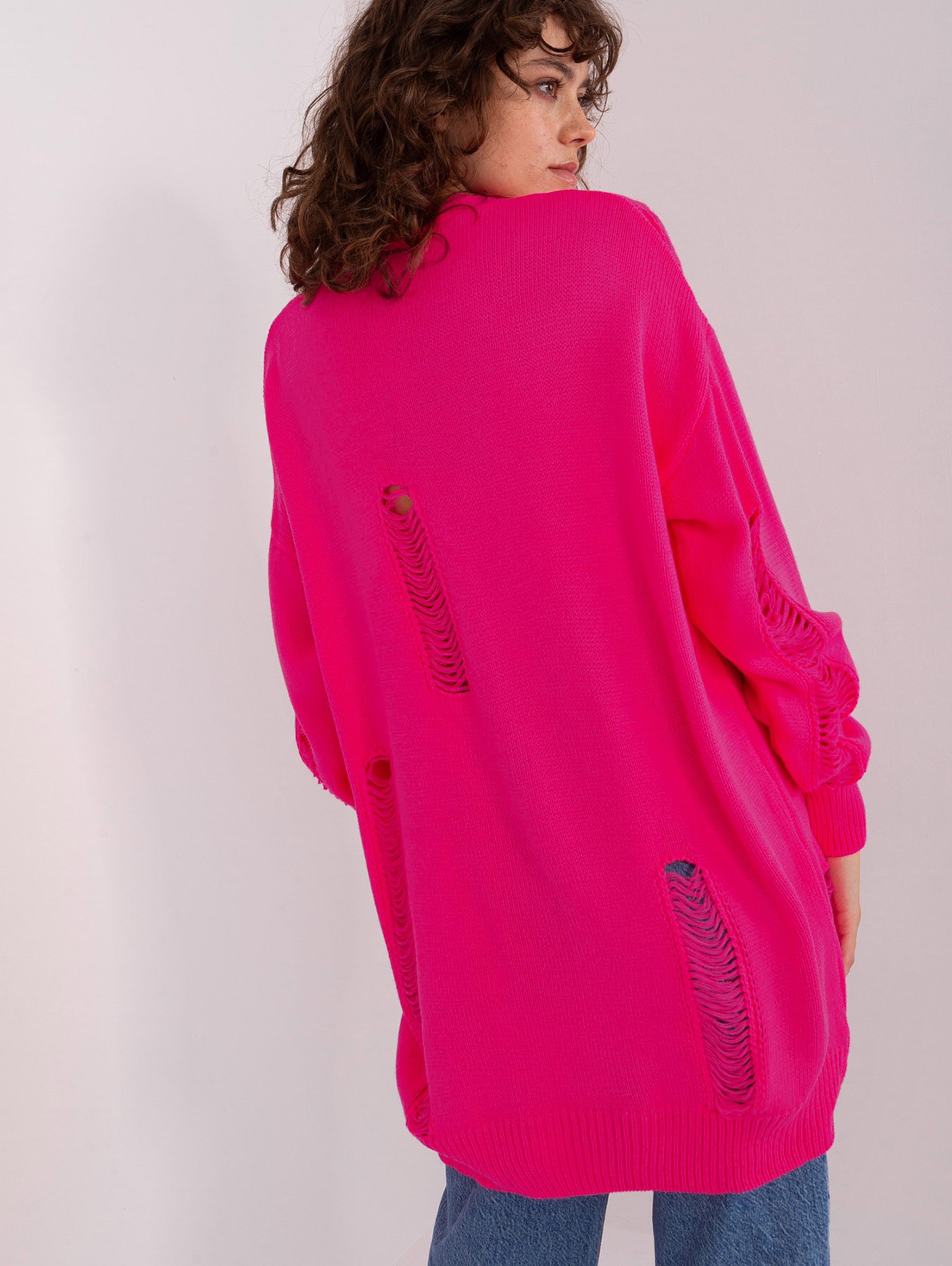 Fluo różowy długi sweter rozpinany z dziurami