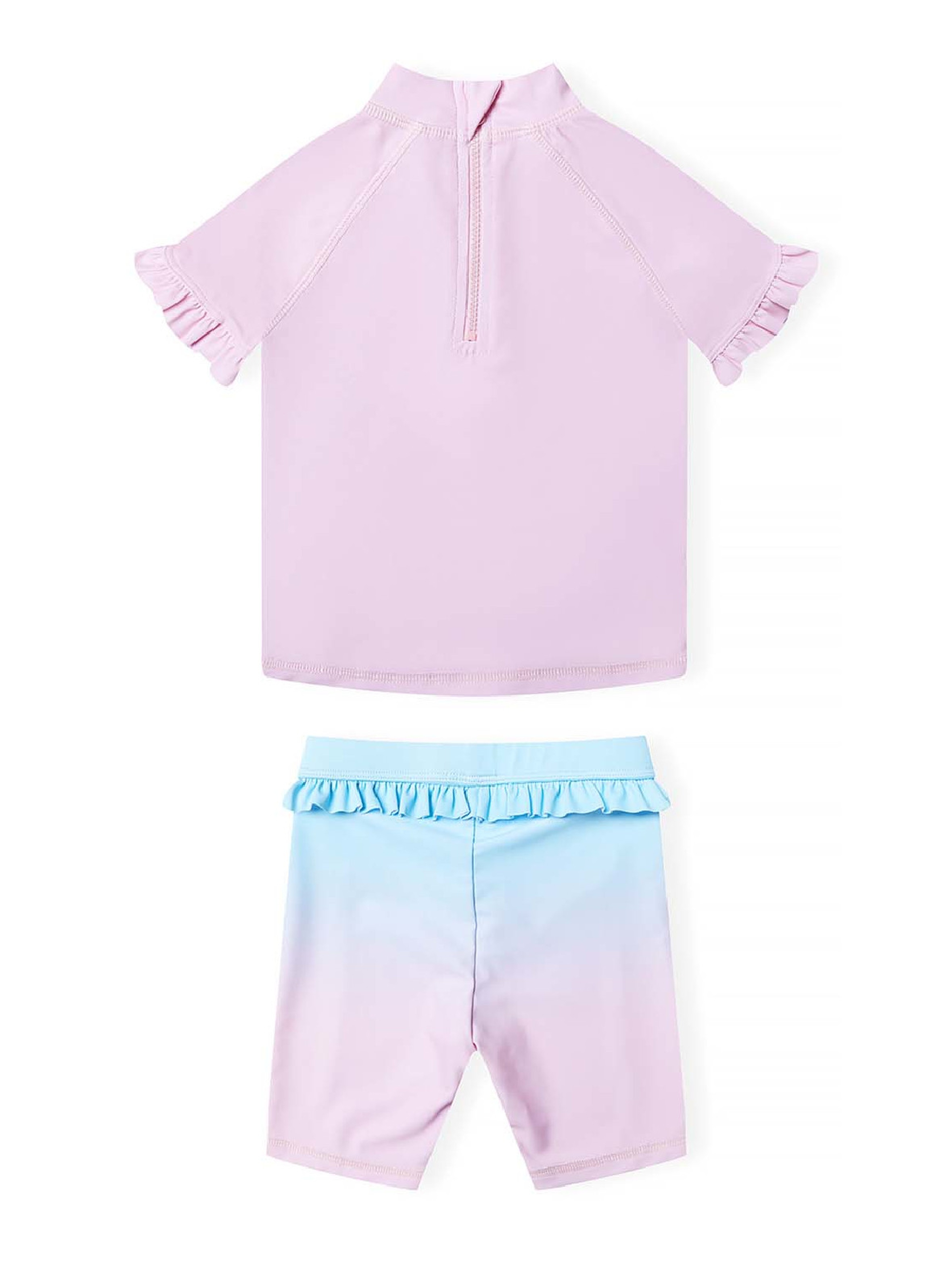 Różowy strój kąpielowy z filtrem UV- koszulka i szorty z falbanką