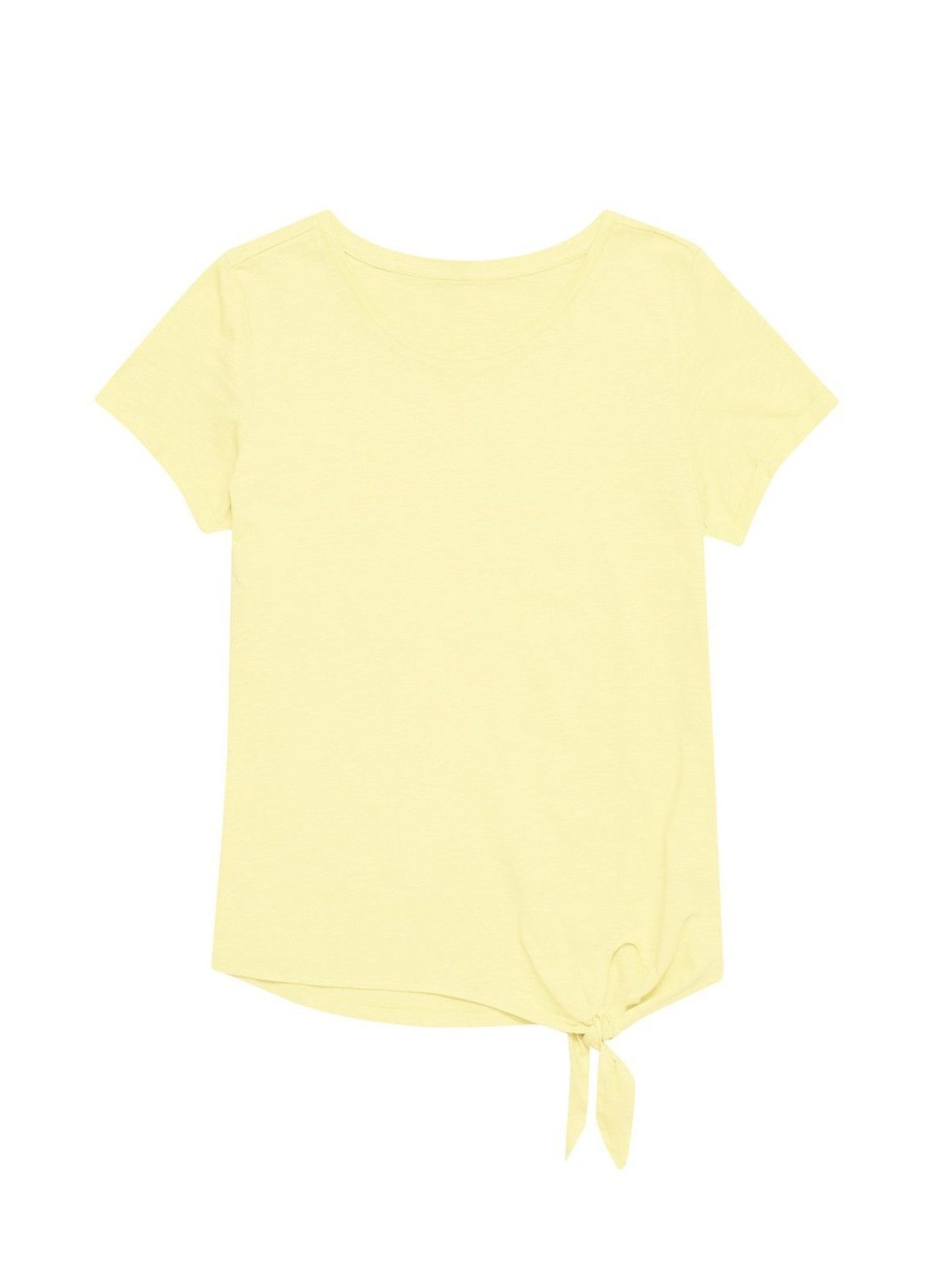 Bawełniany żółty T-shirt damski na krótki rękaw z ozdobnym wiązaniem