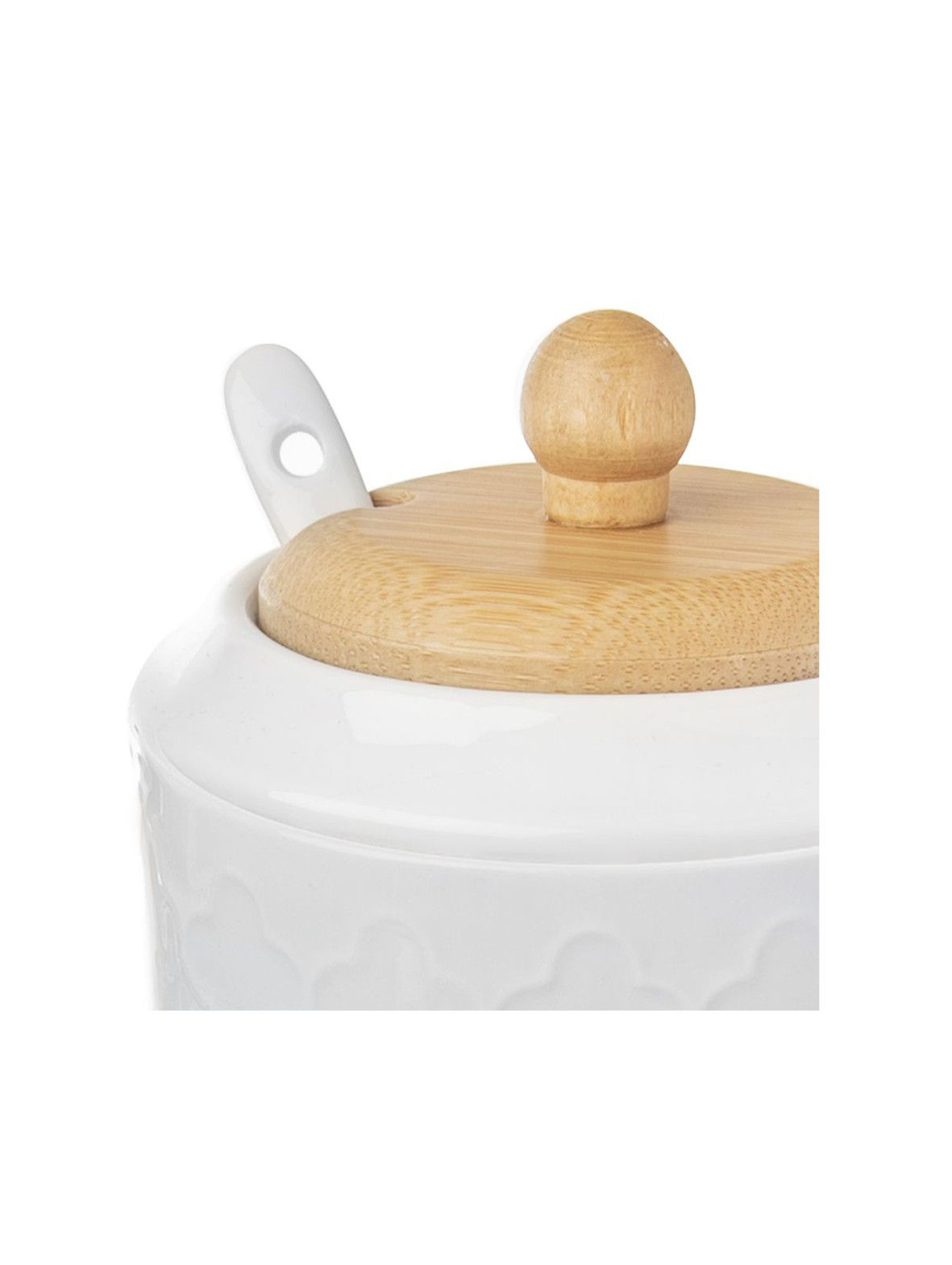 Cukierniczka porcelanowa z łyżeczką i pokrywką bambusową cukiernica pojemnik na cukier 11,5 cm