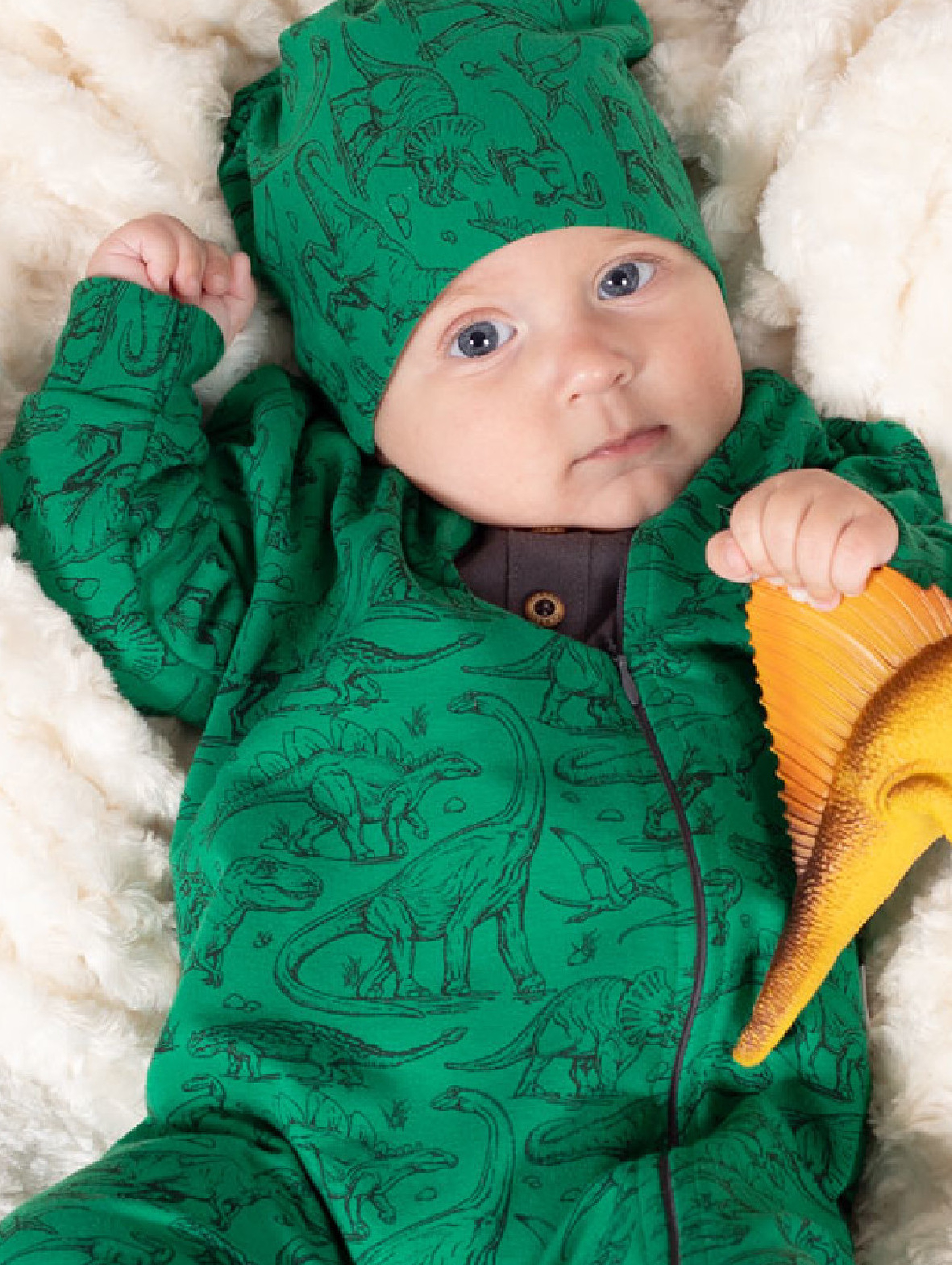Zielona czapka niemowlęca dzianinowa w dinozaury