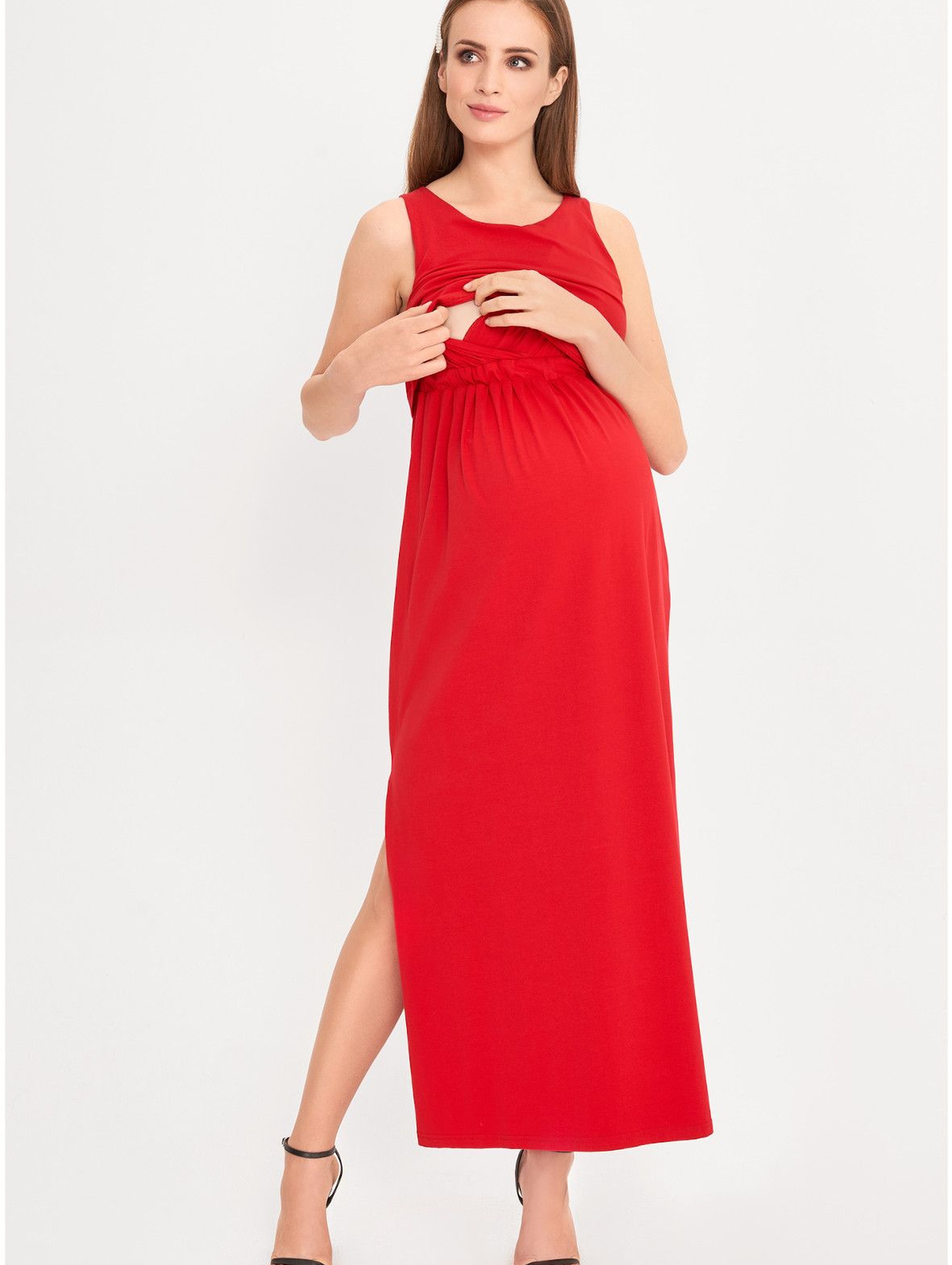 Czerwona sukienka ciążowa i dla karmiącej Maxi