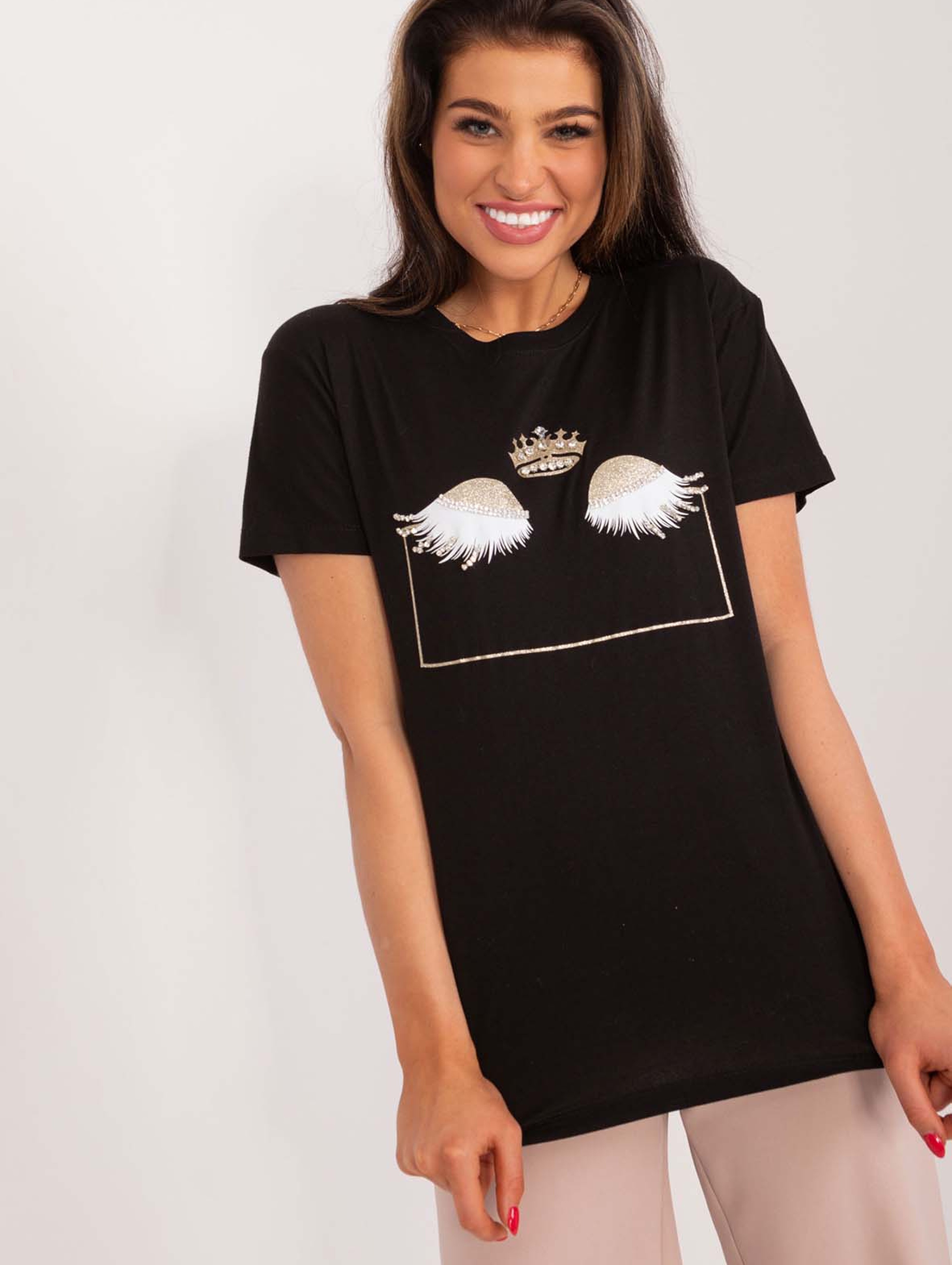 Bawełniany t-shirt damski z błyszczącym nadrukiem- czarny