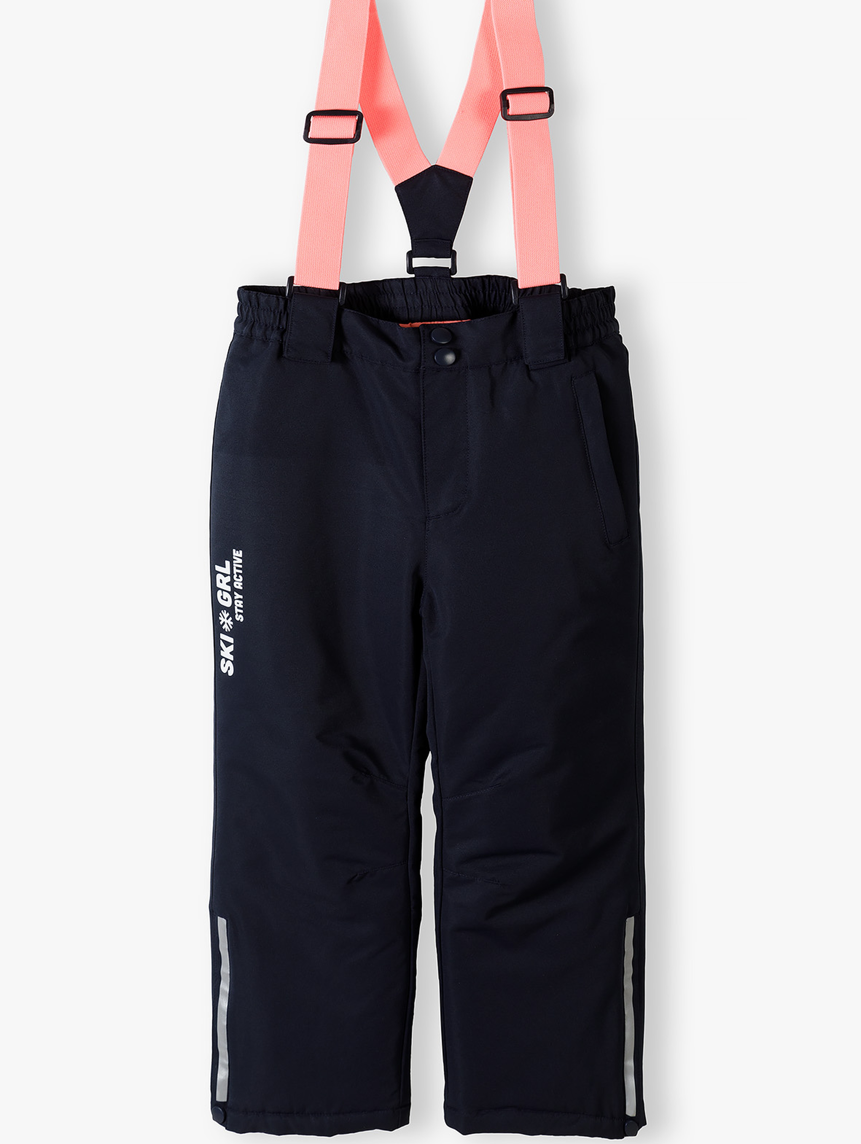 Granatowe spodnie narciarskie dla dziewczynki z elementami odblaskowymi i szelkami