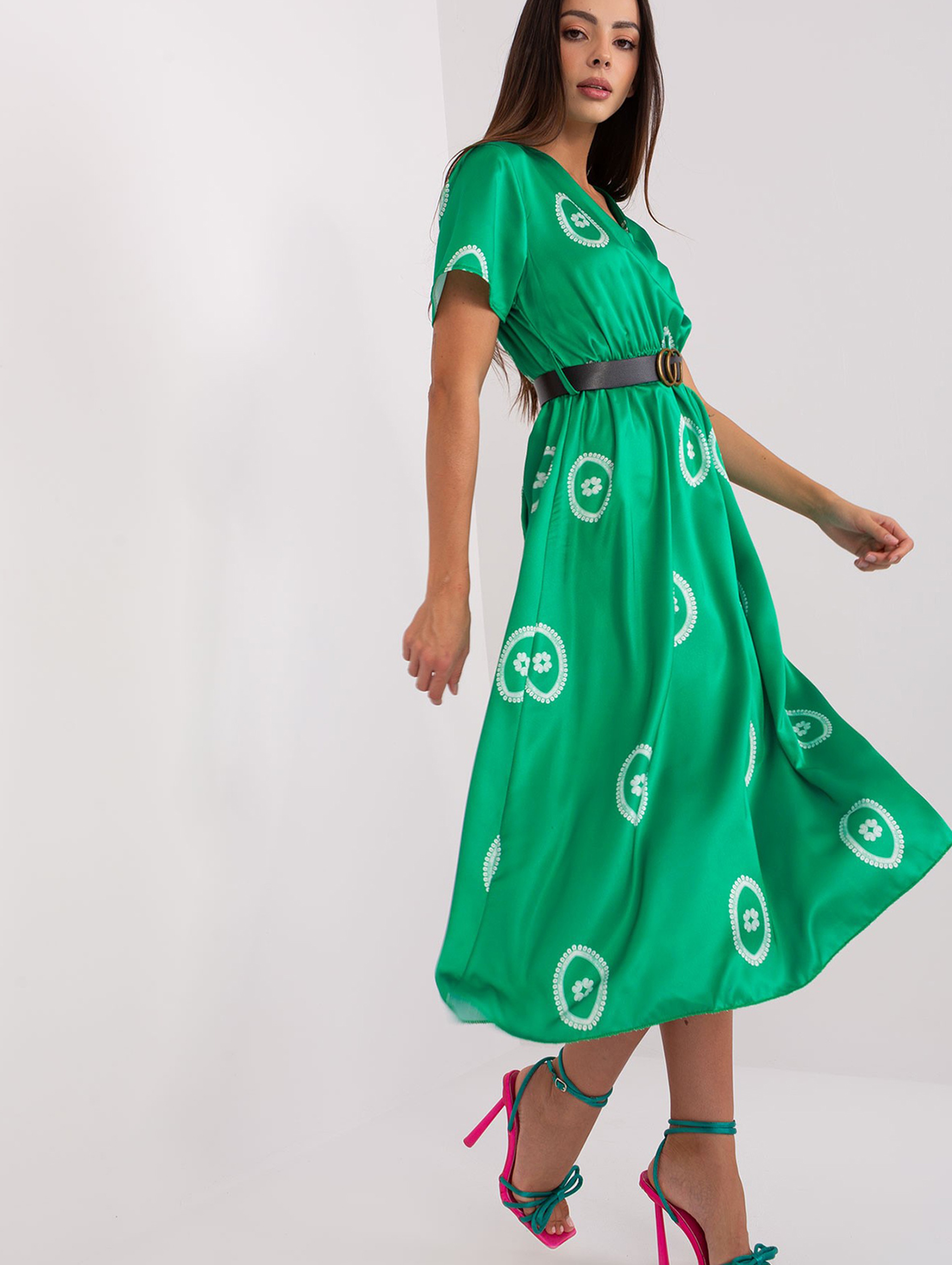 Zielona midi sukienka damska koktajlowa z printem