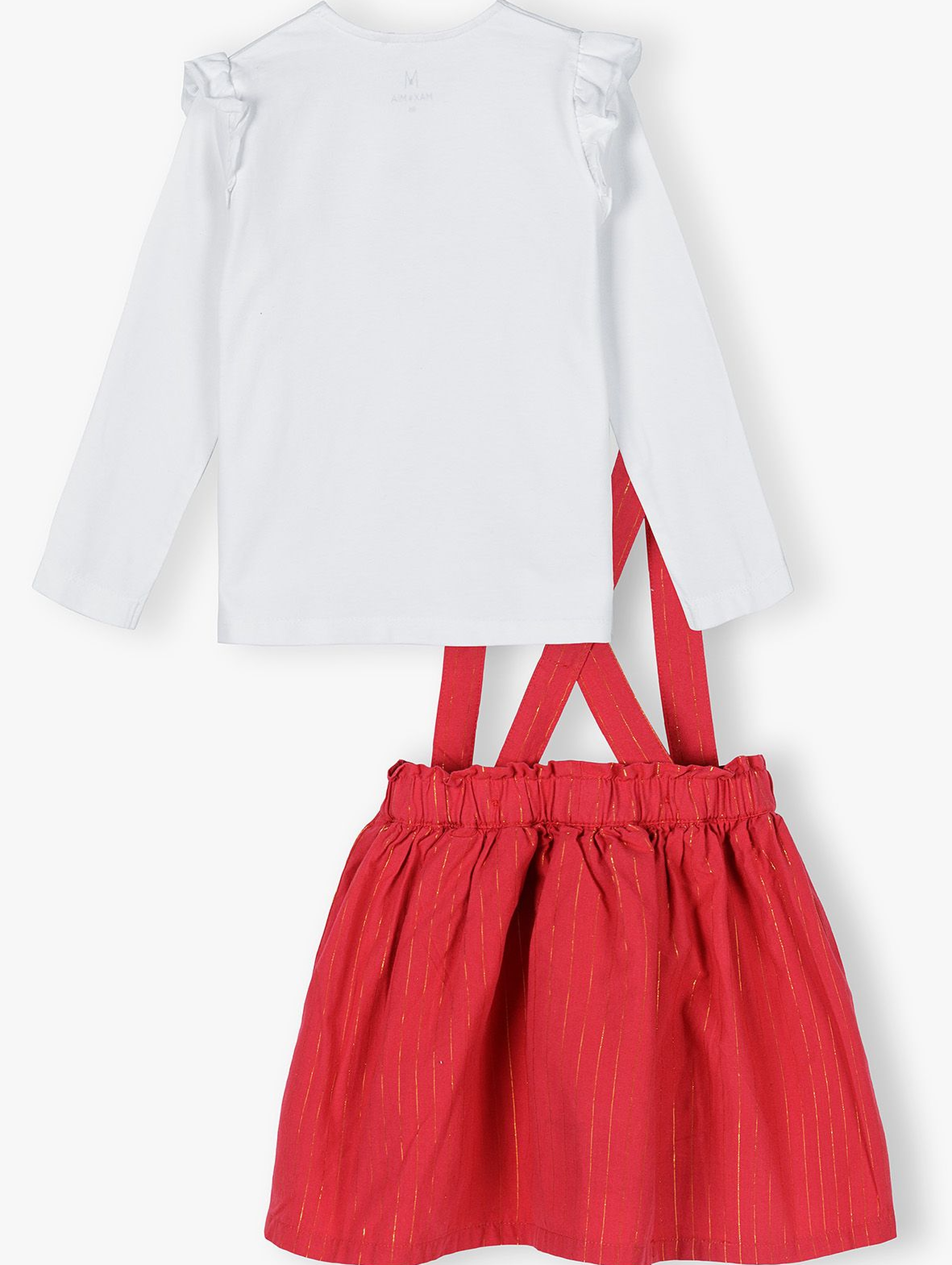 Świąteczny komplet dziewczęcy- biała bluzka +  czerwona spódniczka na szelki