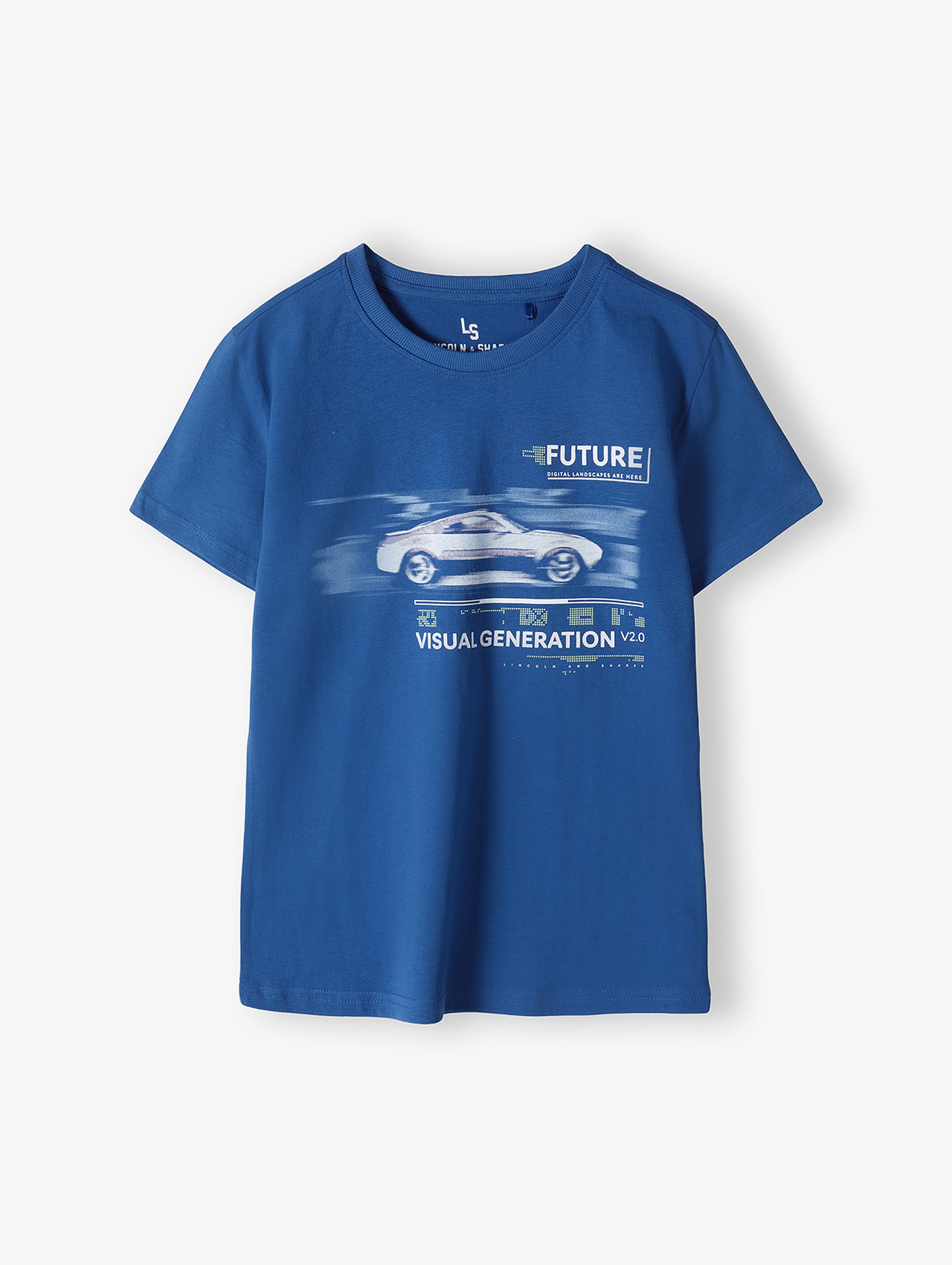 T-shirt bawełniany chłopięcy z nadrukiem auta- niebieski