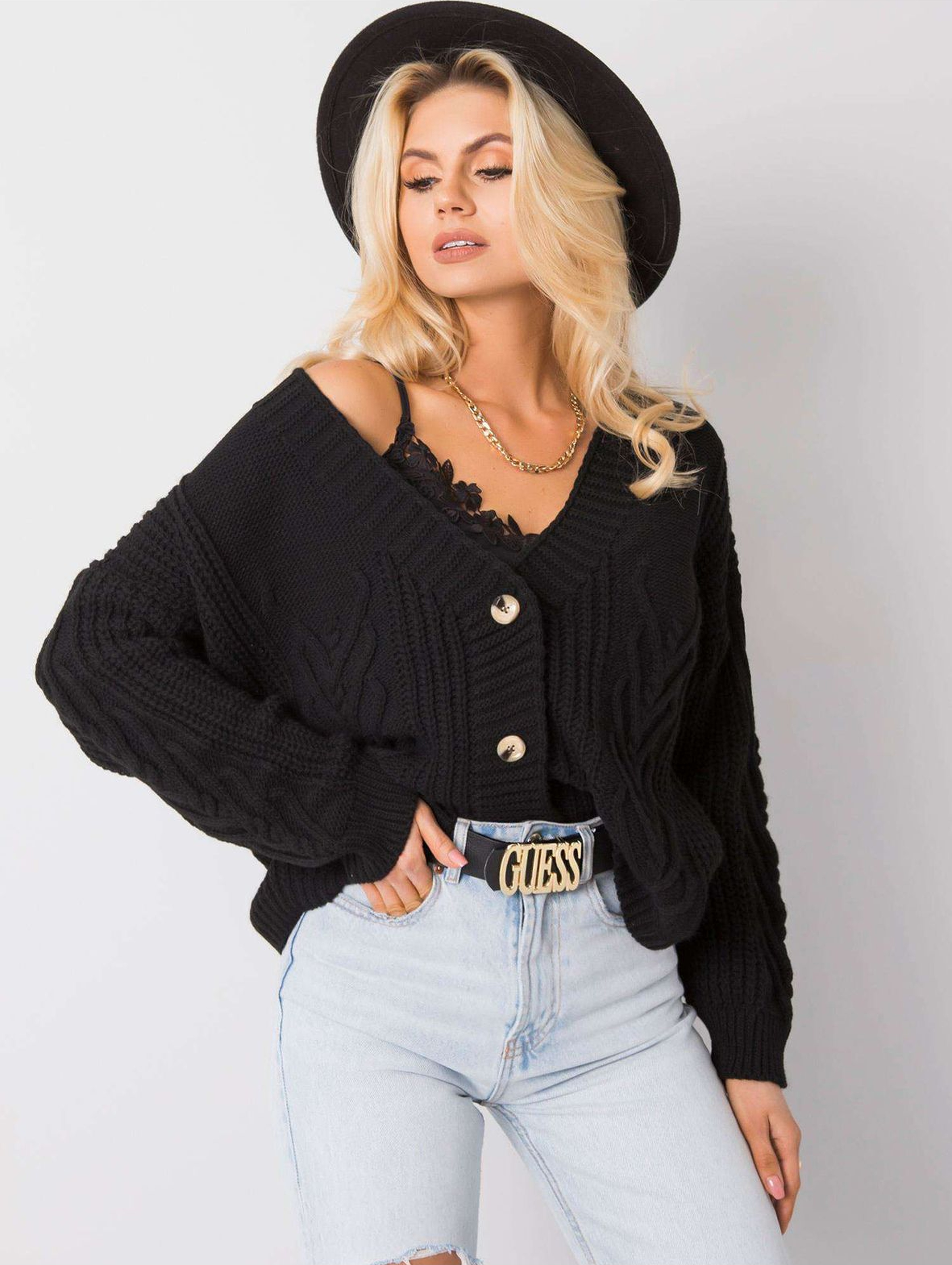 Oversizowy sweter damski rozpinany - czarny