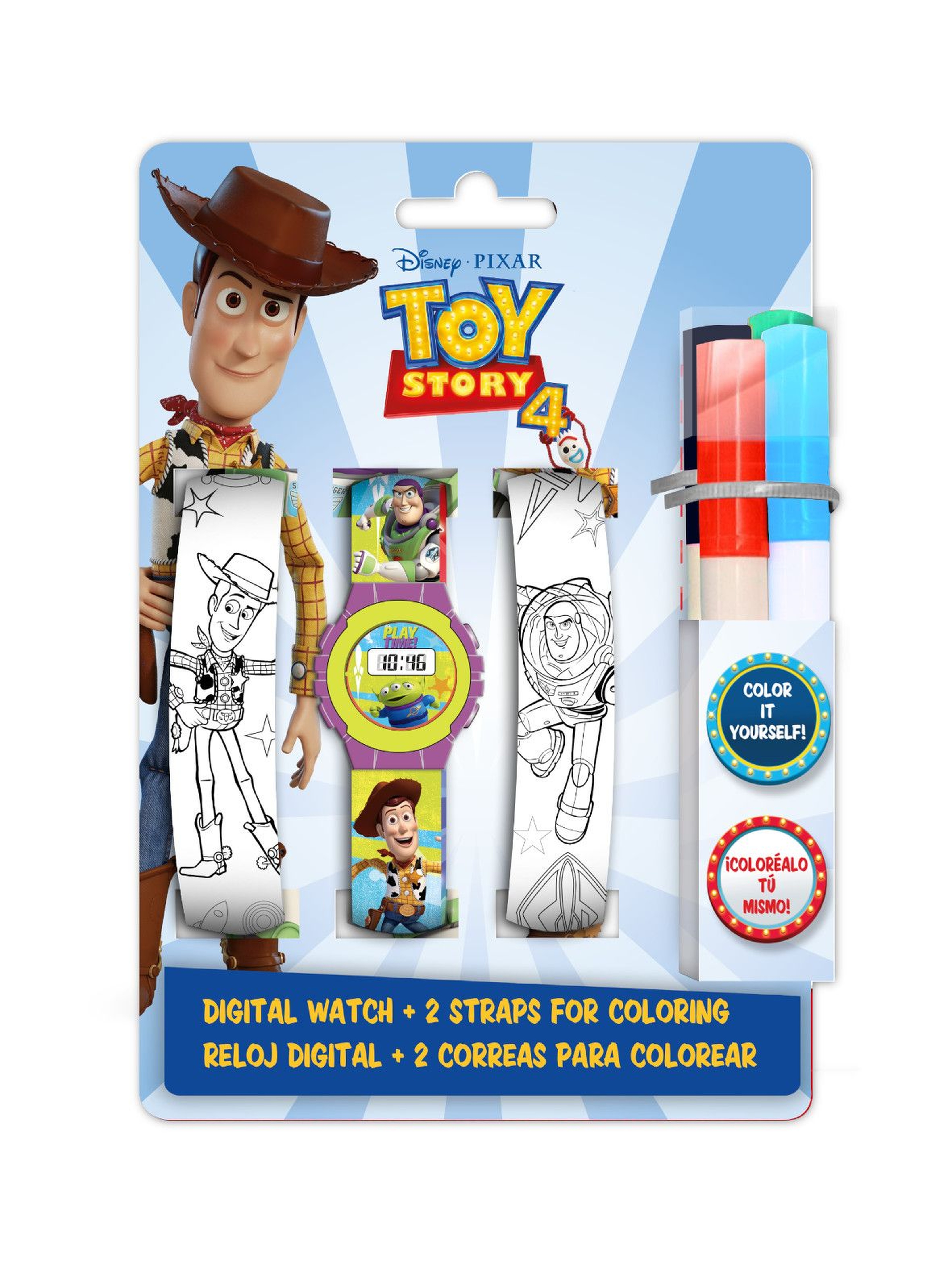 Zestaw Toy Story z cyfrowym zegarkiem , dwoma dodatkowymi paskami do pokolorowania oraz markerami
