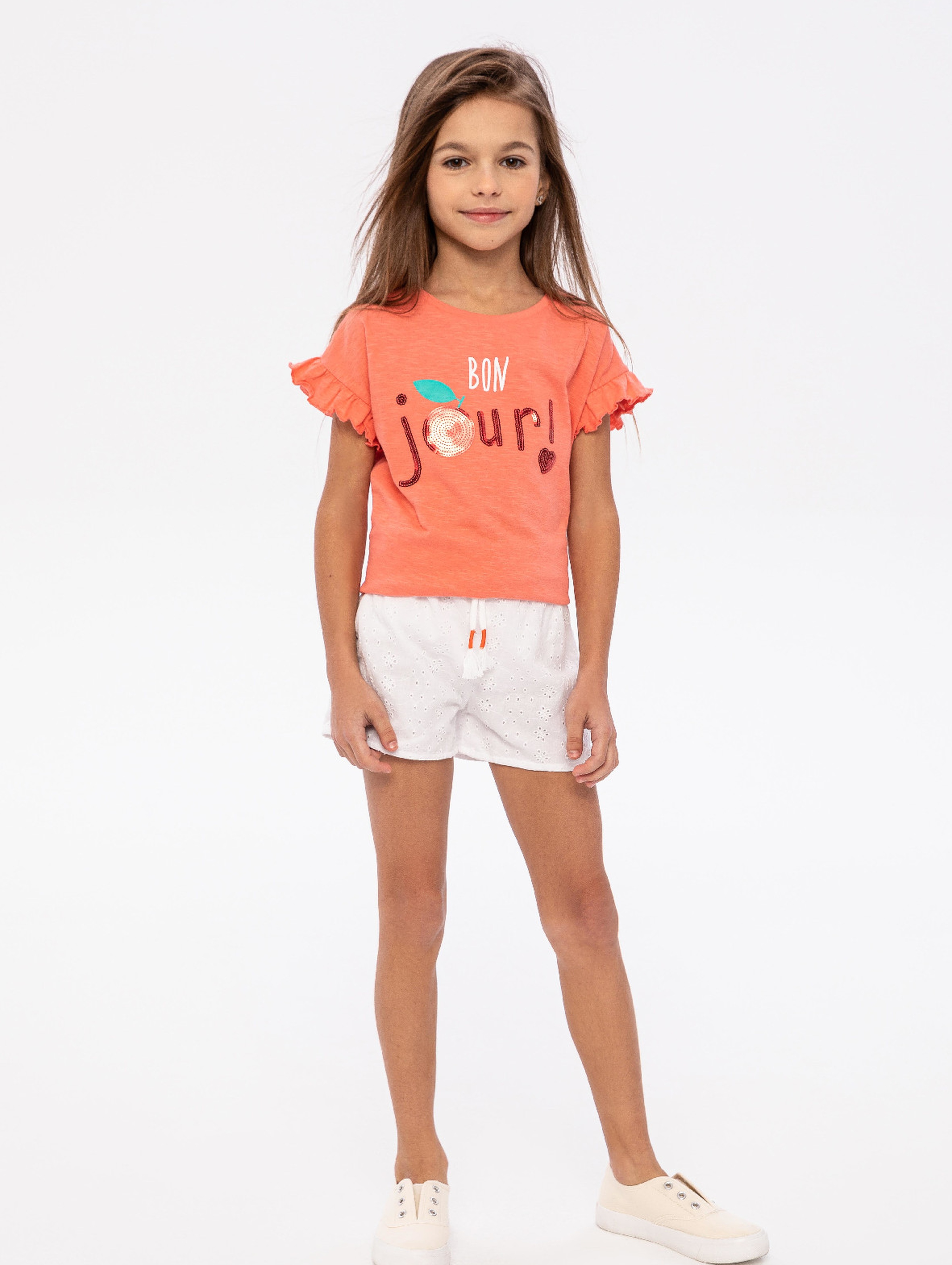 Pomarańczowa koszulka dziewczęca bawełniana z cekinami