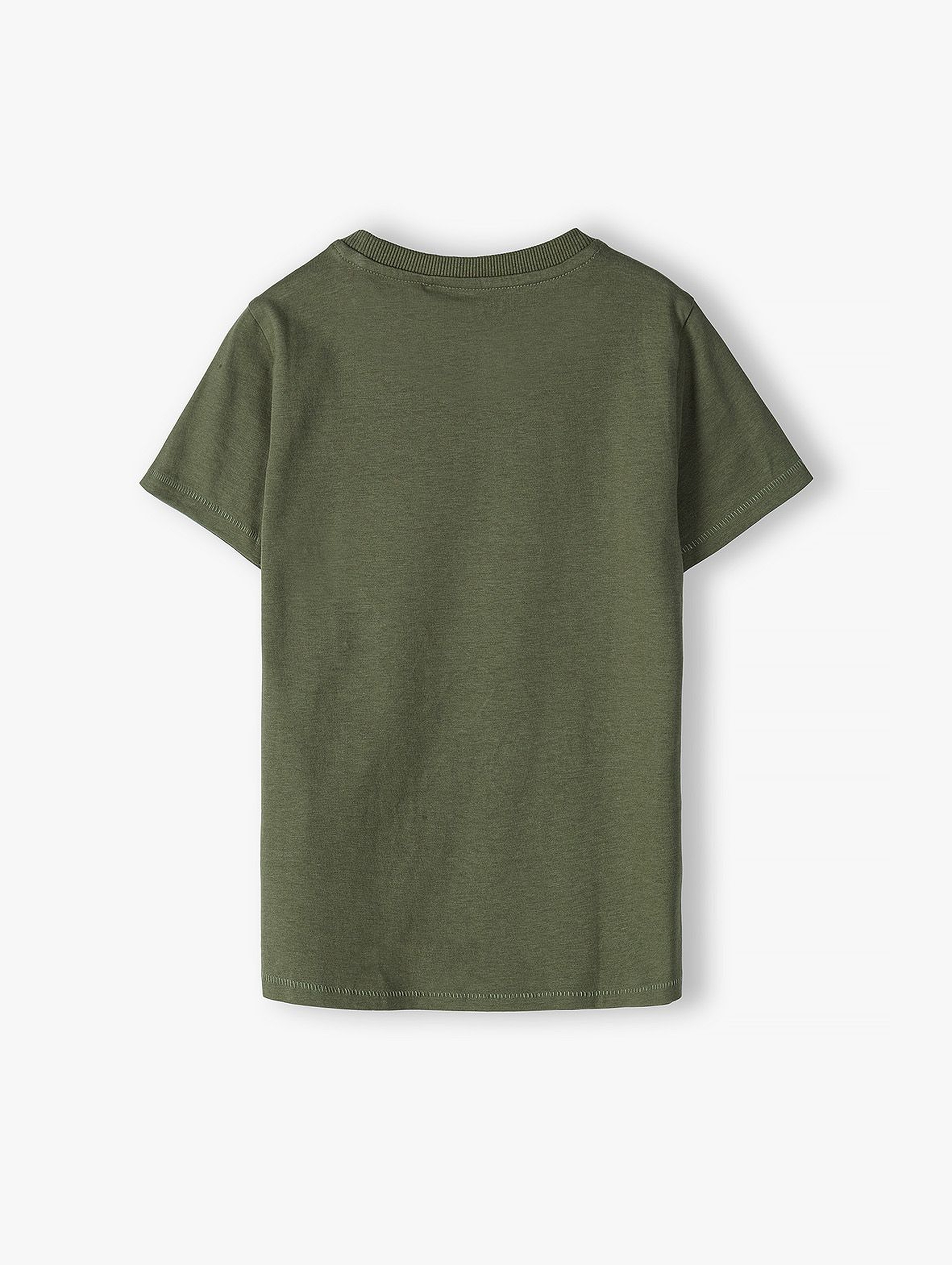 Bawełniany t-shirt chłopięcy w kolorze ciemnej zieleni z Dinozaurem